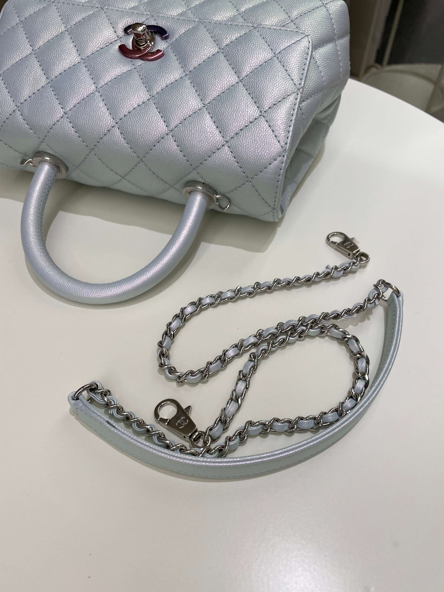Chanel 21K Quilted Coco Handle Blue Iridescent Caviar