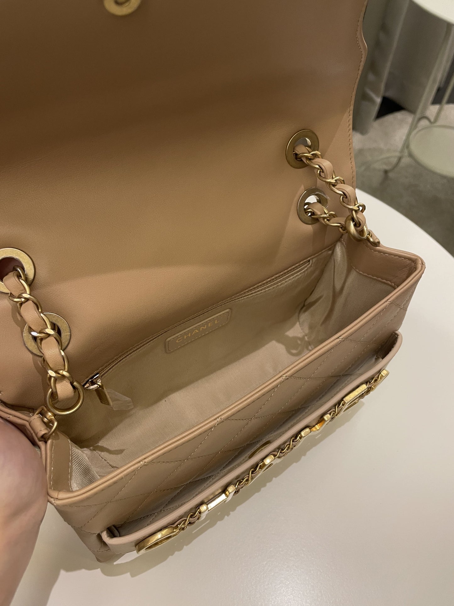Chanel C H A N E L Lettering Flap Dark Beige Calfskin