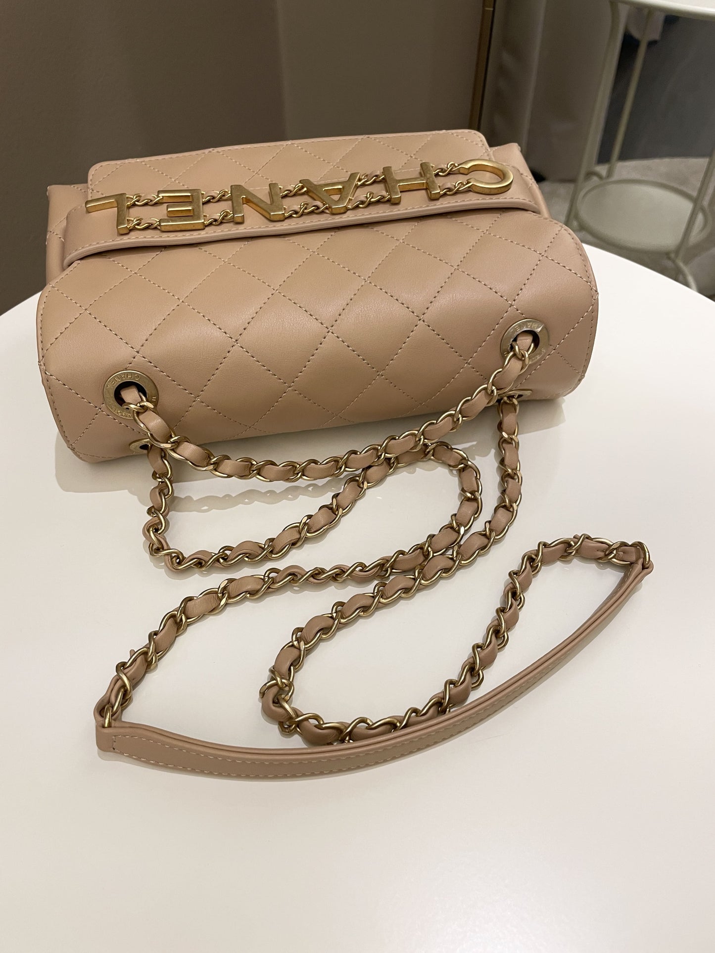 Chanel C H A N E L Lettering Flap Dark Beige Calfskin
