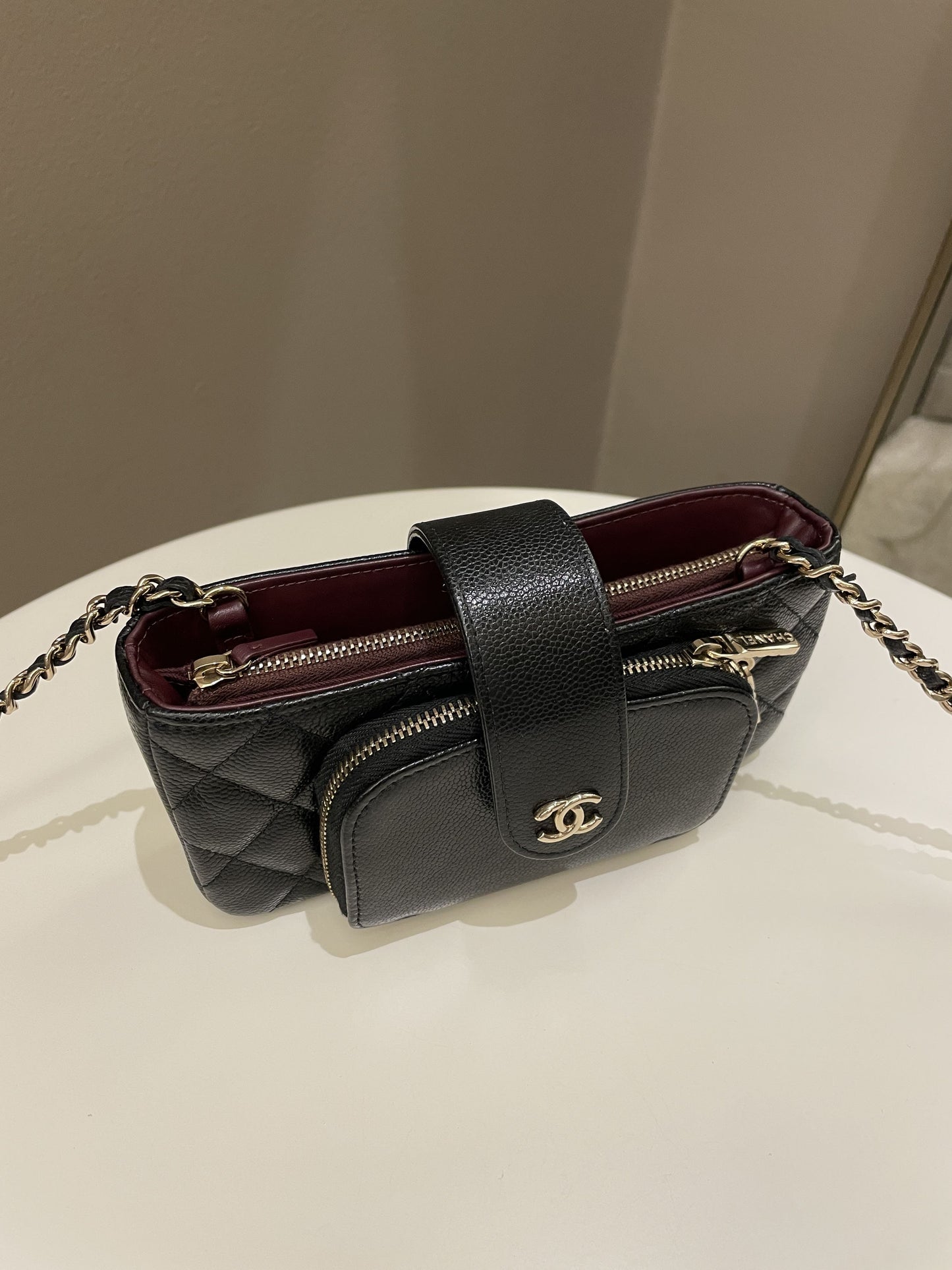 Chanel 22B Quilted Phone Holder With Chain Black Caviar