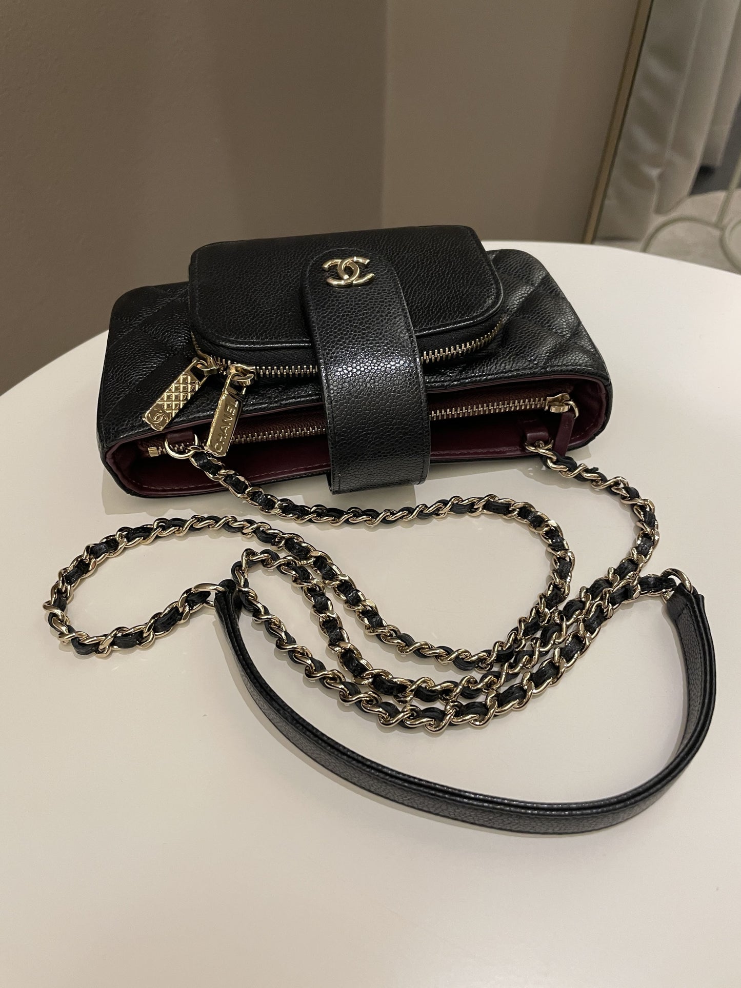 Chanel 22B Quilted Phone Holder With Chain Black Caviar