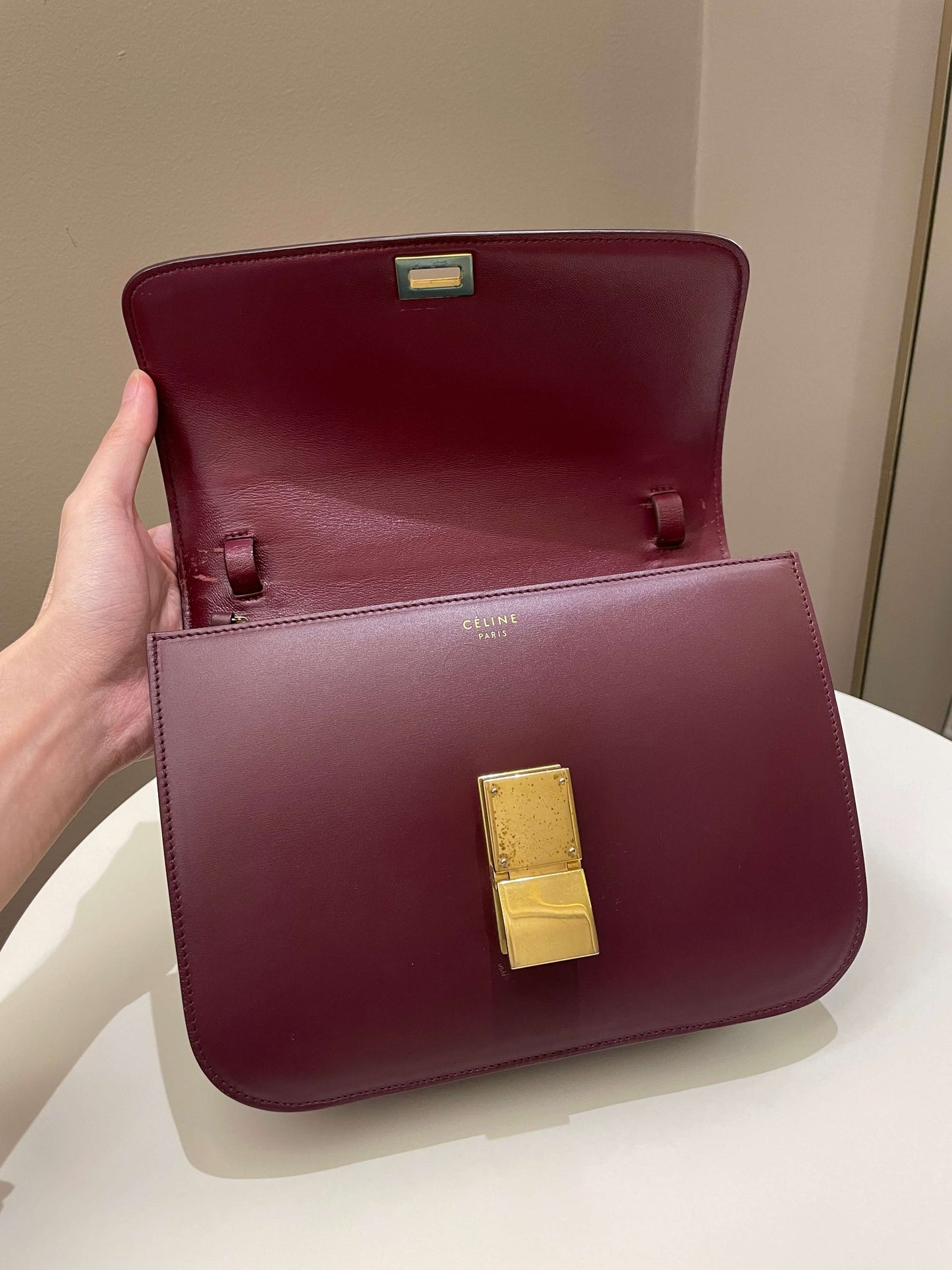 Celine Box Bag Burgundy Calfskin