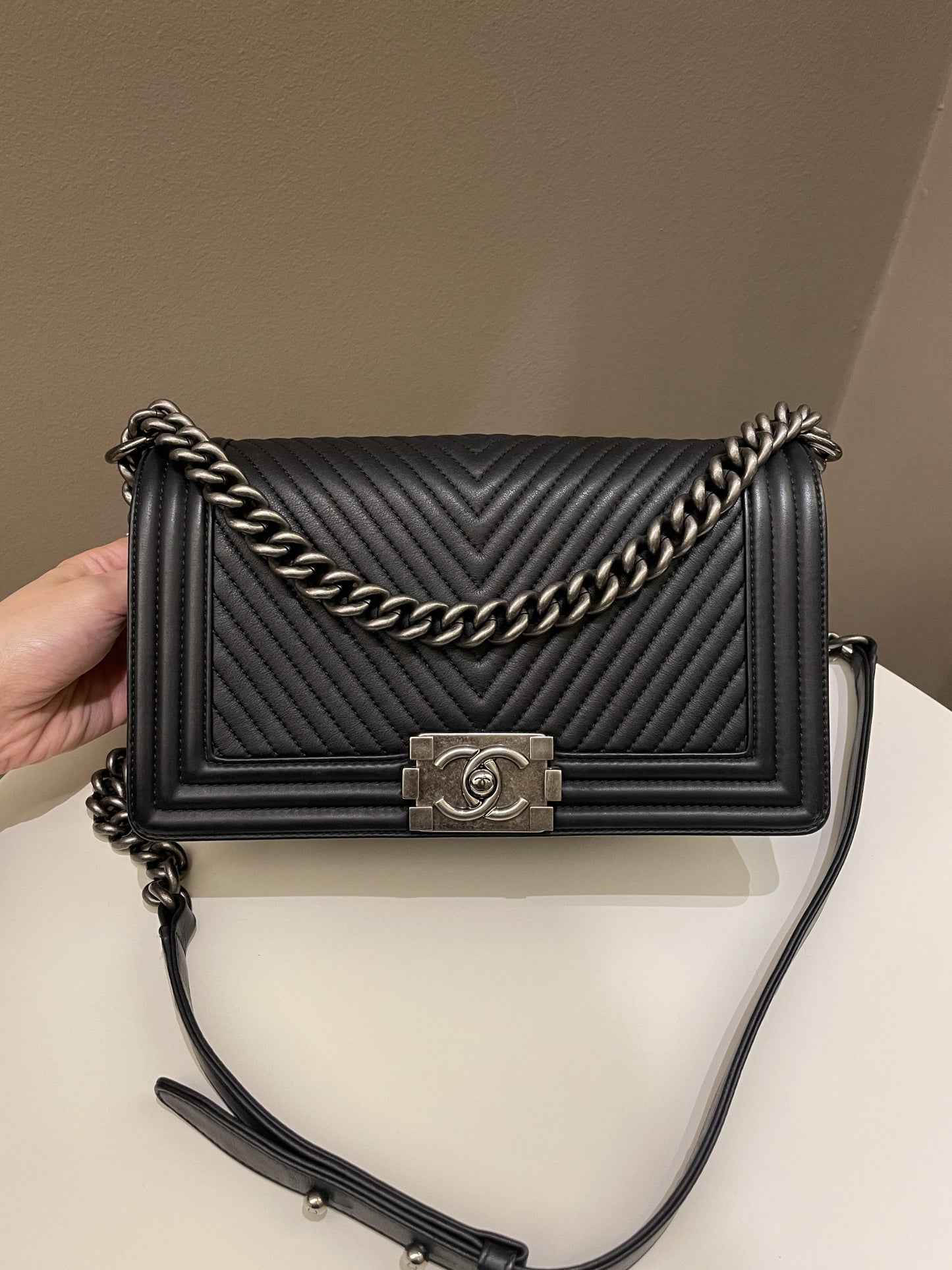 Chanel Herringbone Chevron Boy Old Medium Black Calfskin
