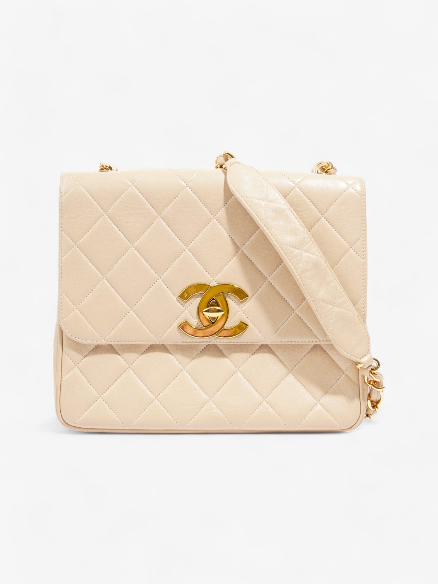 Chanel Vintage Square Flap Beige Lambskin Leather Jumbo