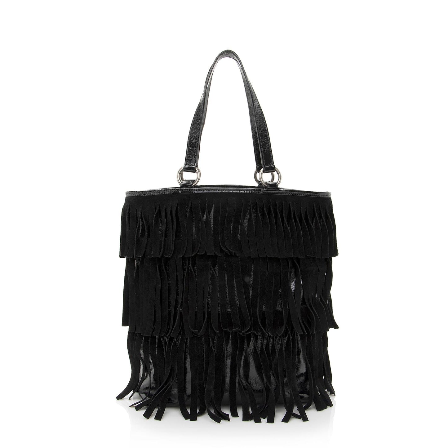 Saint Laurent Patent Leather Suede Fringe Tote (SHF-22368)