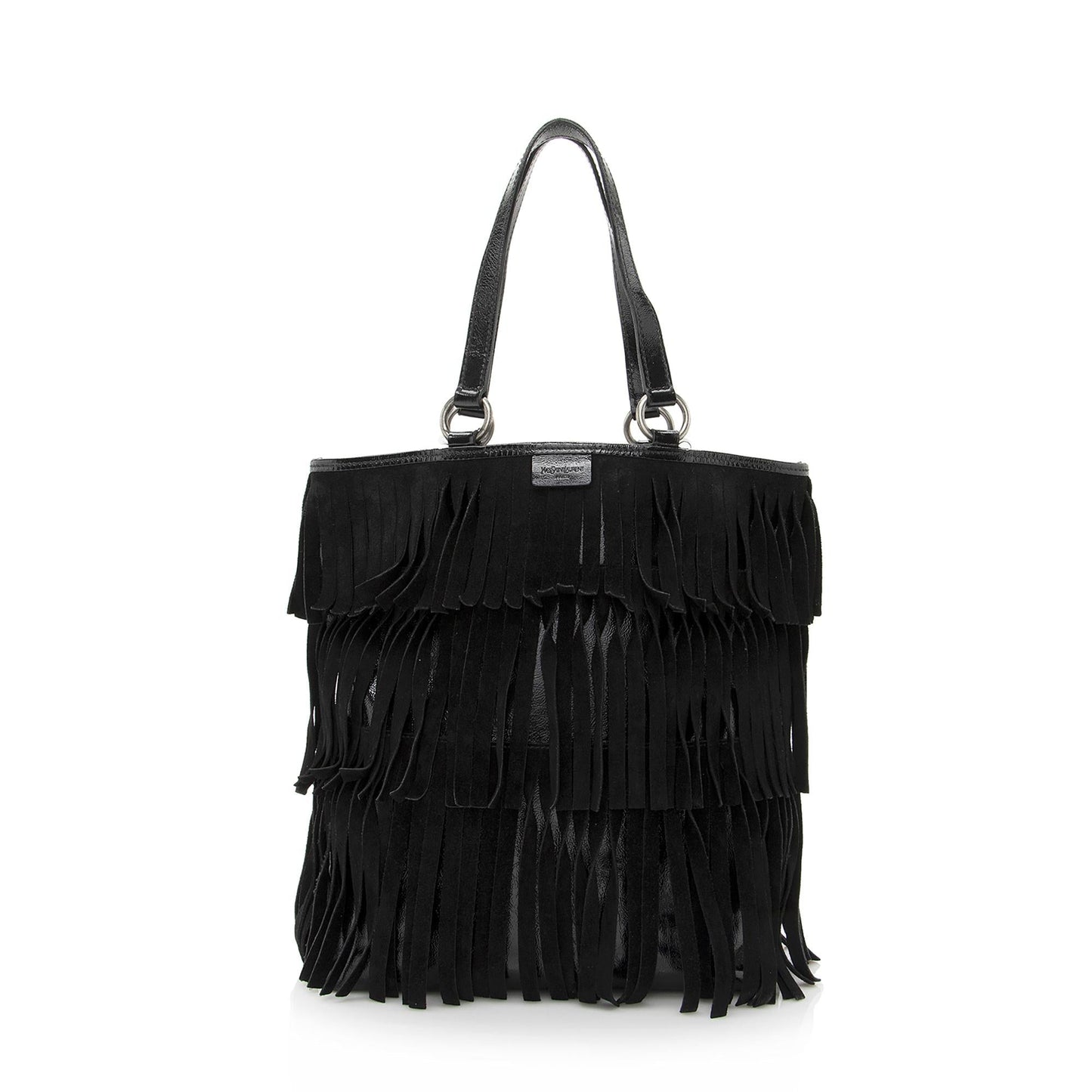 Saint Laurent Patent Leather Suede Fringe Tote (SHF-22368)