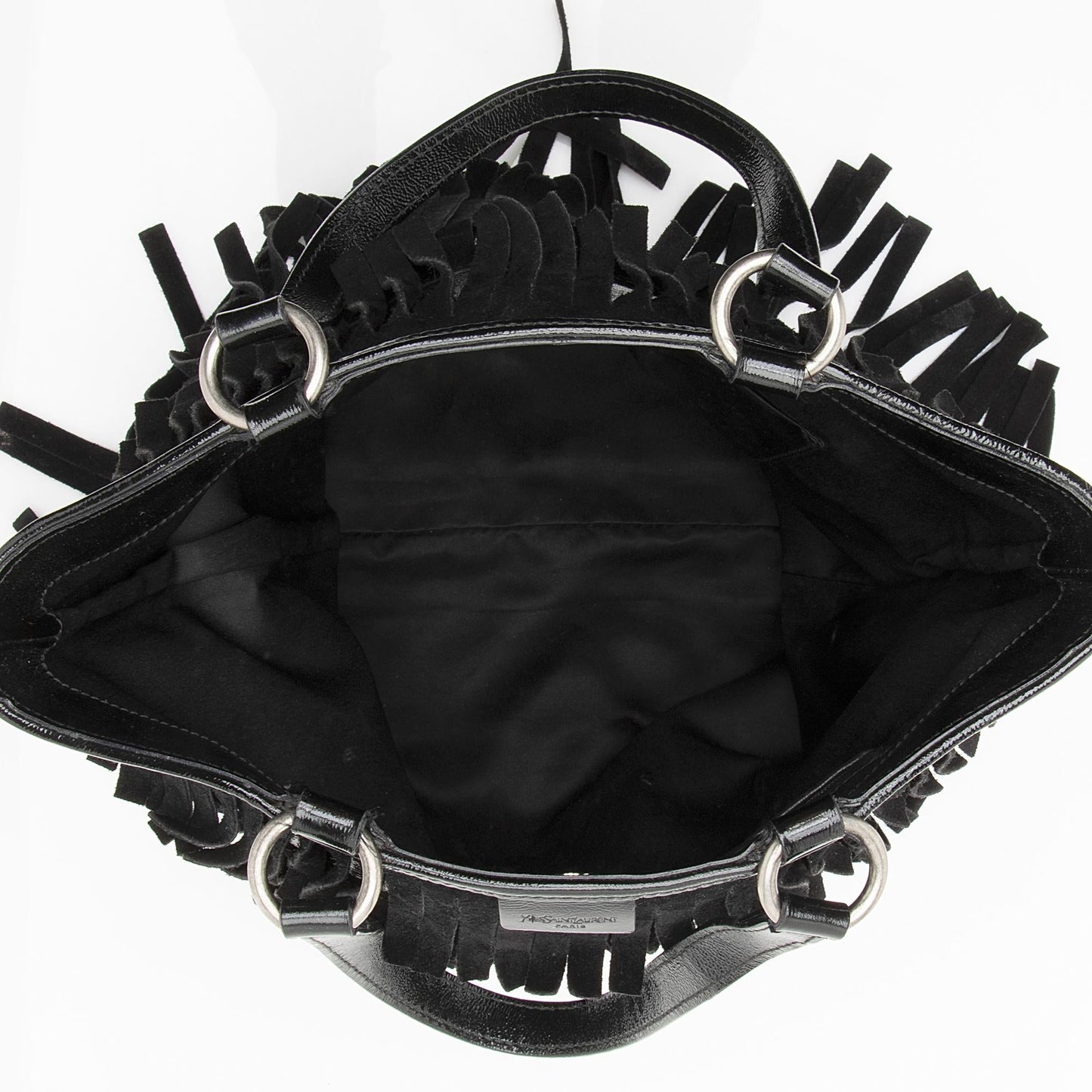 Saint Laurent Patent Leather Suede Fringe Tote (SHF-22368)