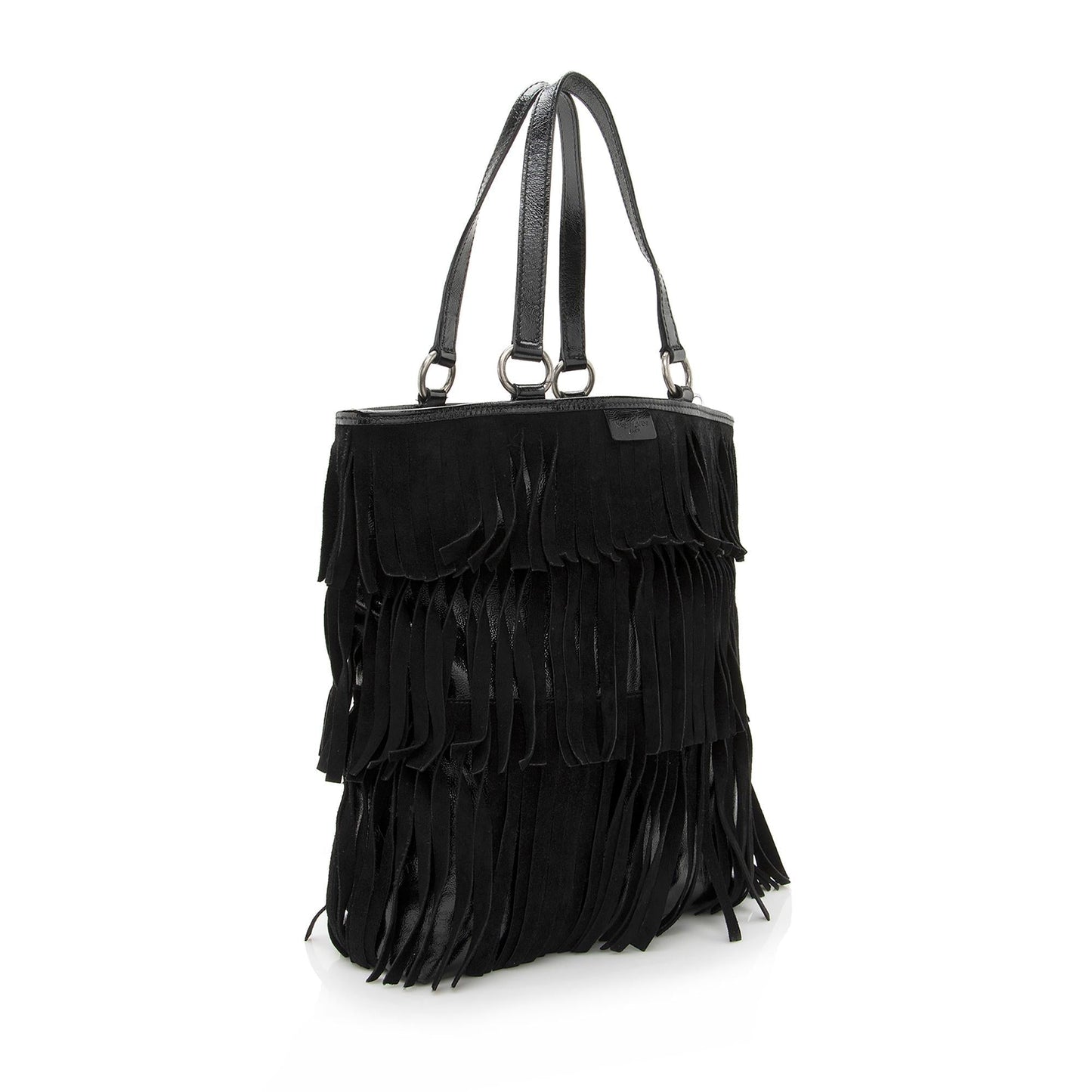 Saint Laurent Patent Leather Suede Fringe Tote (SHF-22368)