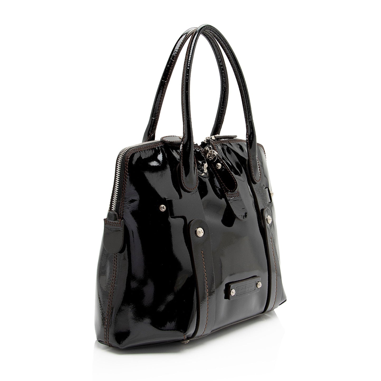 Salvatore Ferragamo Patent Leather Zip Side Tote (SHF-OOzCBD)