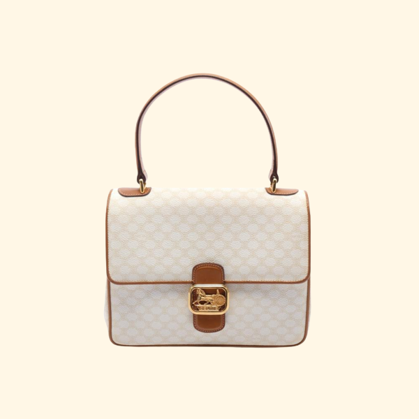 Celine Macadam Handbag PVC Leather White Light Brown Carriage Fittings