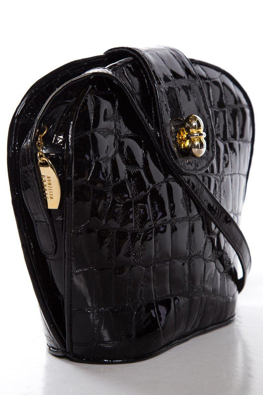 Stuart Weitzman Black Croco Embossed Patent Shoulder Bag