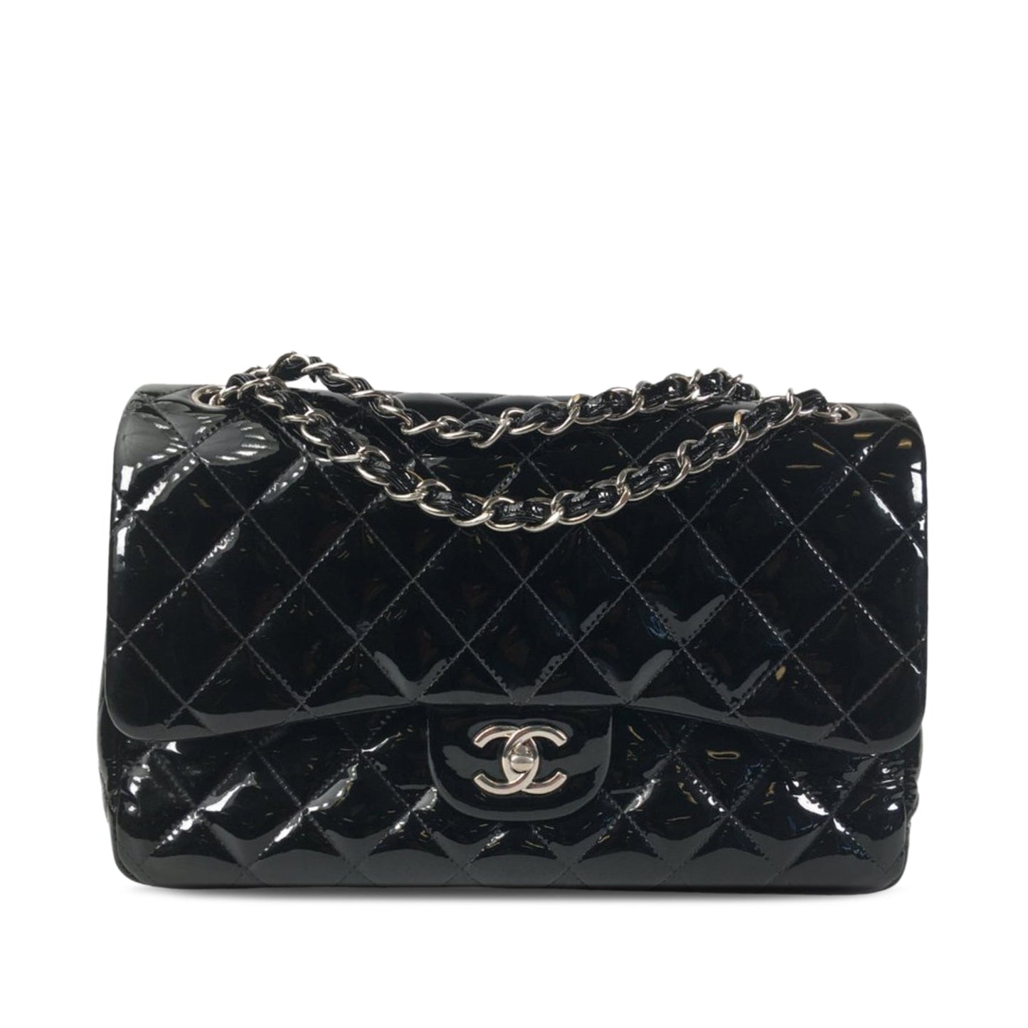 Chanel Classic Double Flap Jumbo Black Patent Leather Silver