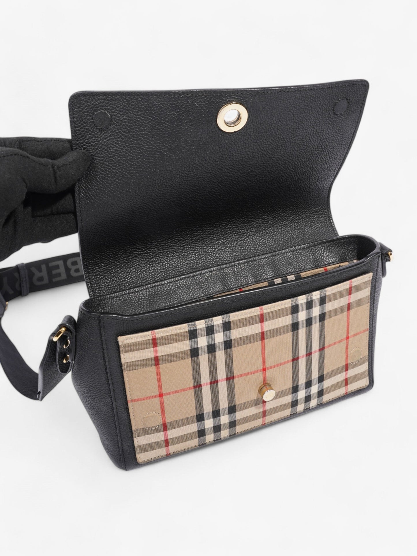 Burberry Note Bag Black / House Check Calfskin Leather Medium