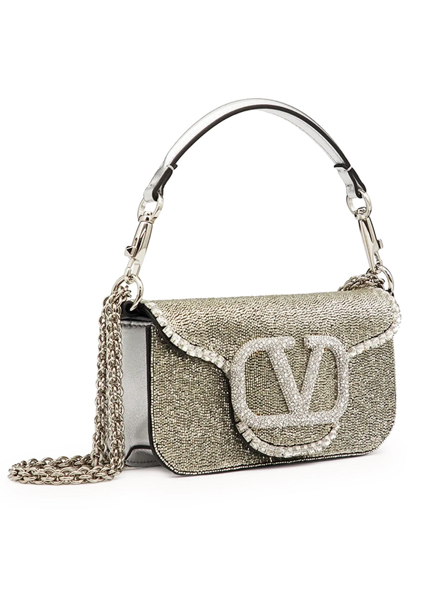 Loco Embroidered Small Shoulder Bag in Silver