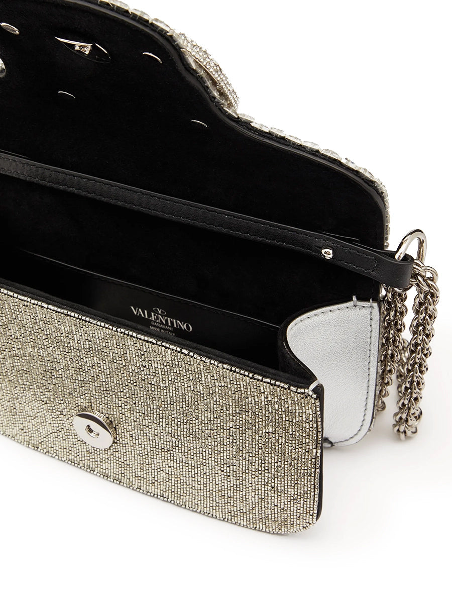Loco Embroidered Small Shoulder Bag in Silver