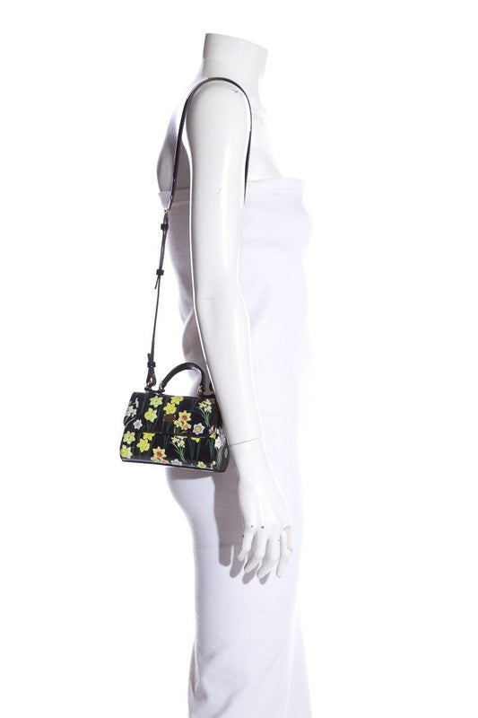 Dolce & Gabbana Black & Yellow Patent Leather Floral Motif Crossbody Bag