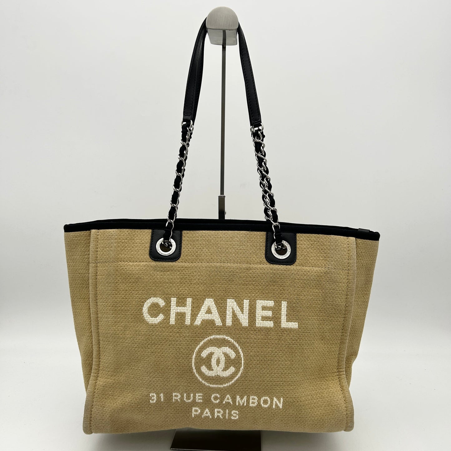 CHANEL Straw Raffia Calfskin Chain Medium Deauville Tote Beige LA42108