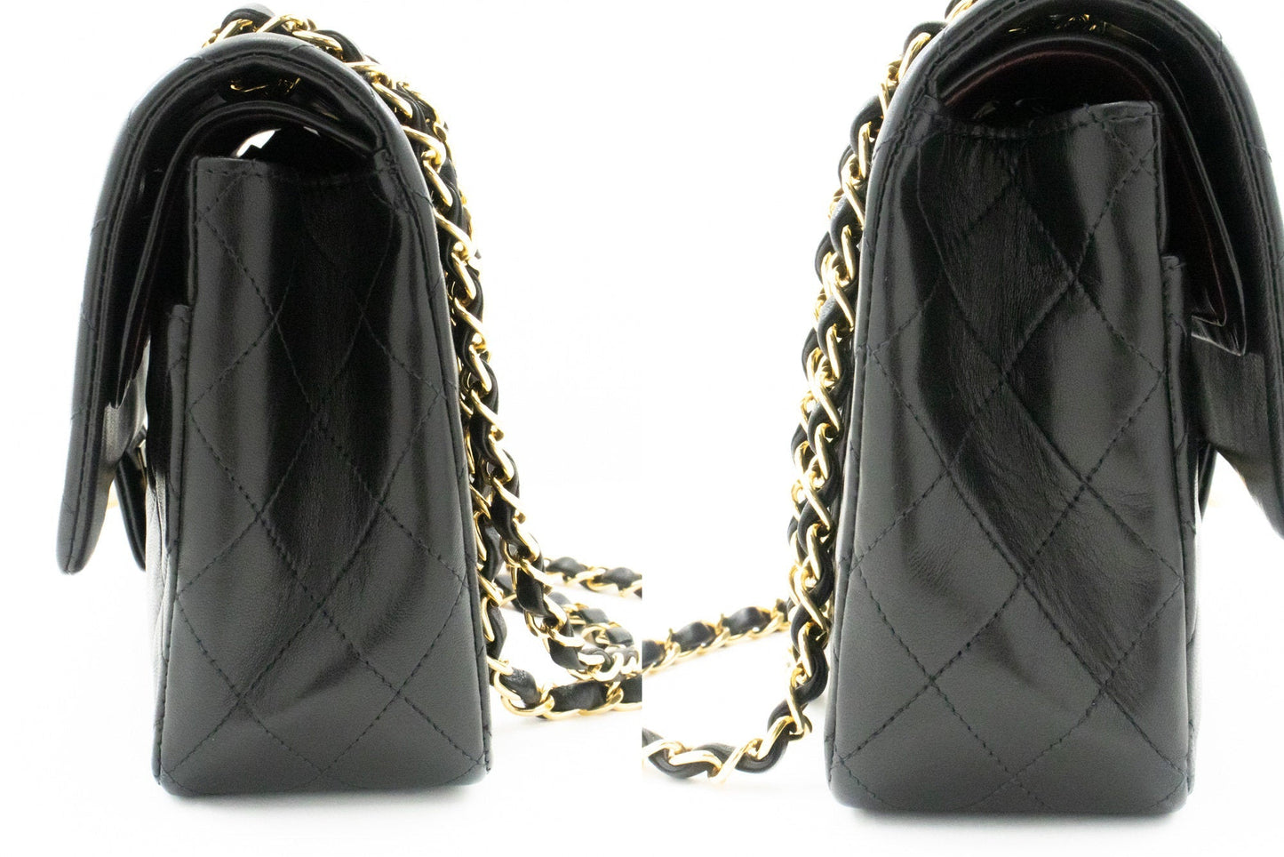 CHANEL Classic Double Flap 10" Chain Shoulder Bag Black Lambskin k39