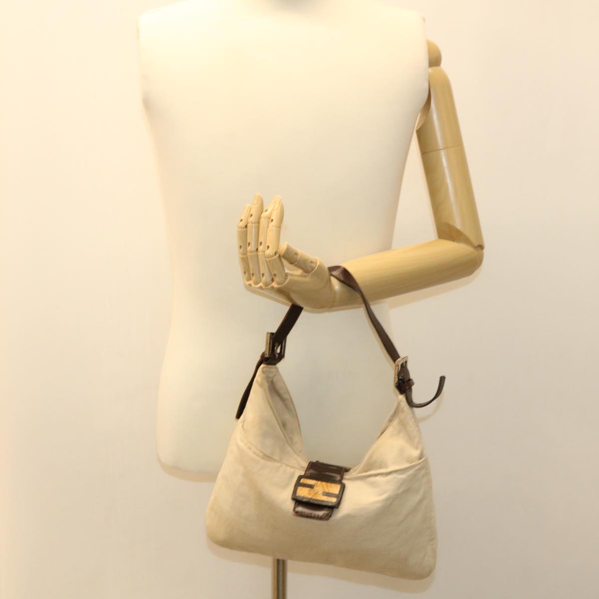 FENDI Mamma Baguette Shoulder Bag Canvas Beige 2355 26569 008 ac1798