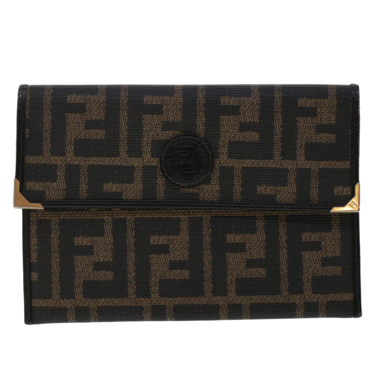 FENDI Zucca Canvas Pouch PVC Leather Black Brown ac2047