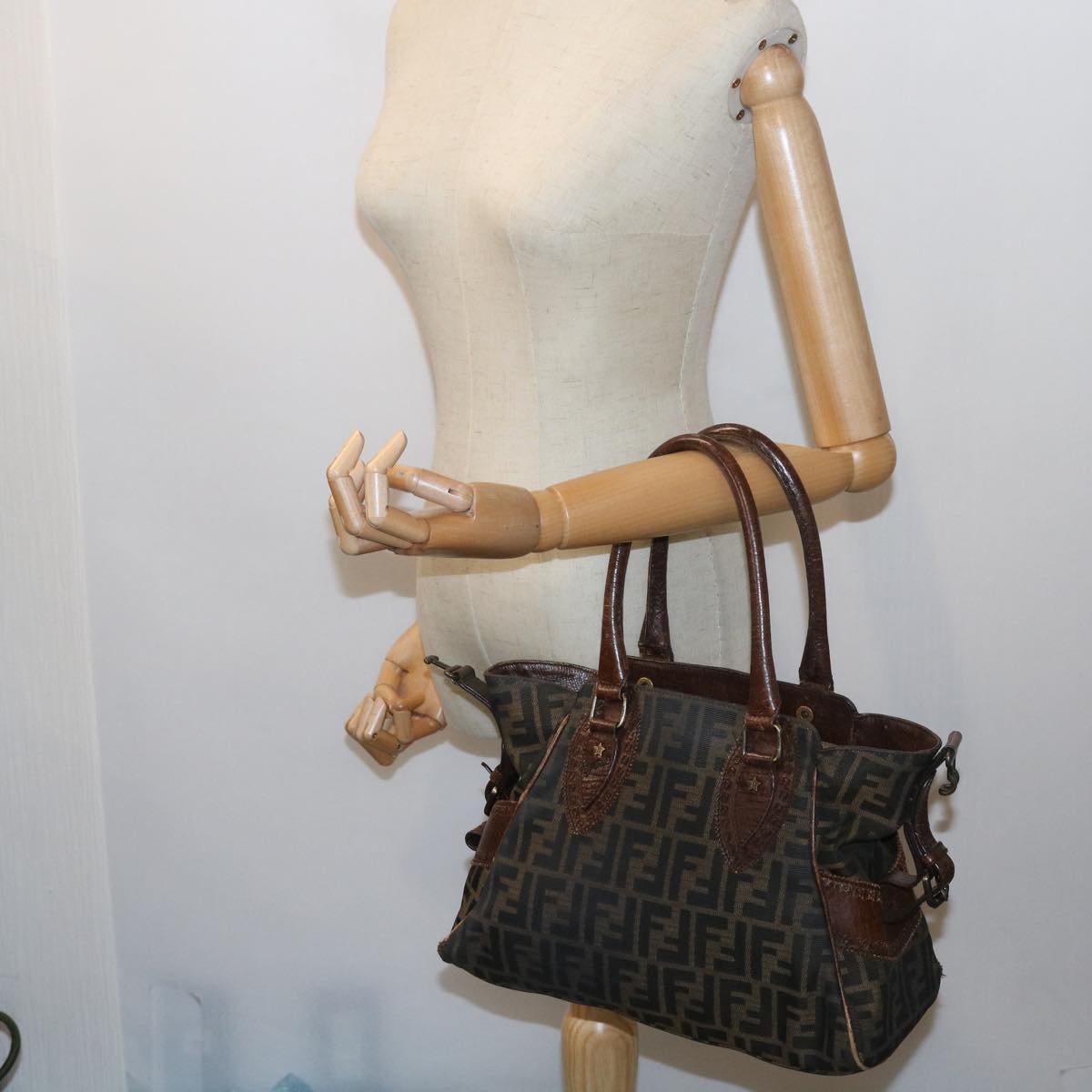 FENDI Zucca Canvas Shoulder Bag Black Brown ac2439