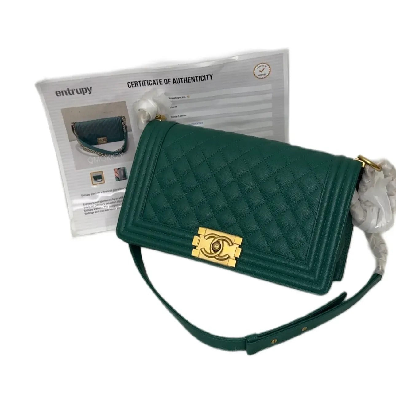 CHANEL Caviar Quilted Medium Boy Flap Dark Green B22-54