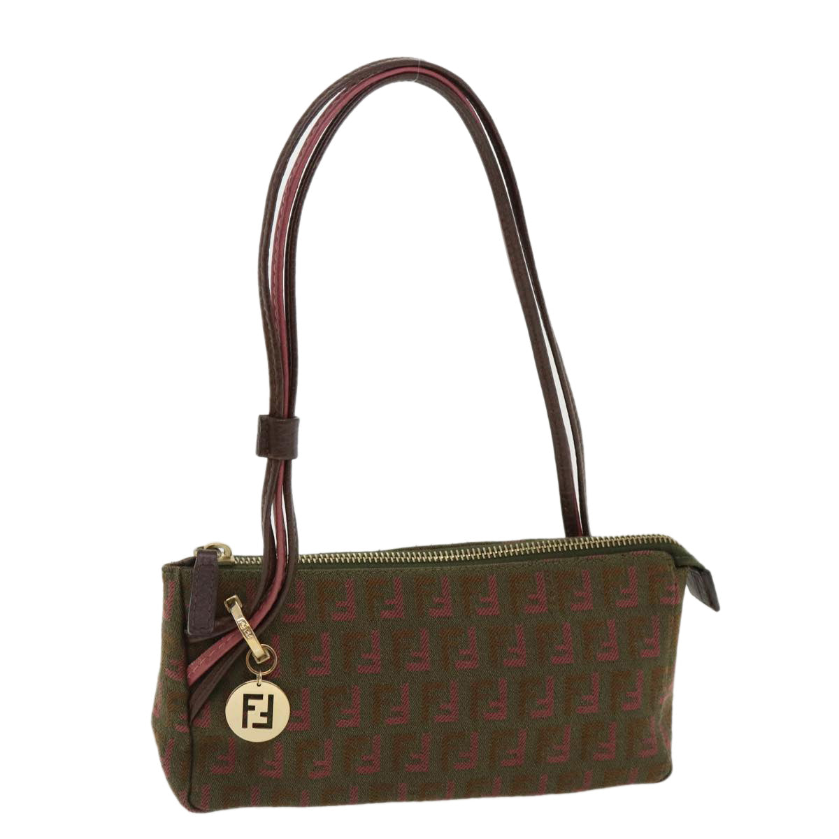 FENDI Zucchino Canvas Shoulder Bag Khaki Pink am3639