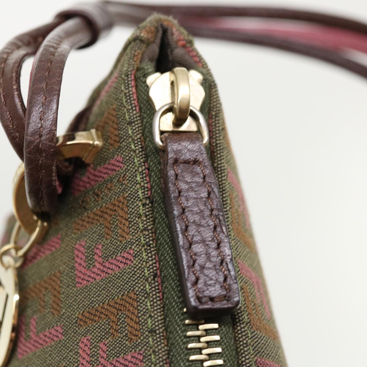 FENDI Zucchino Canvas Shoulder Bag Khaki Pink am3639