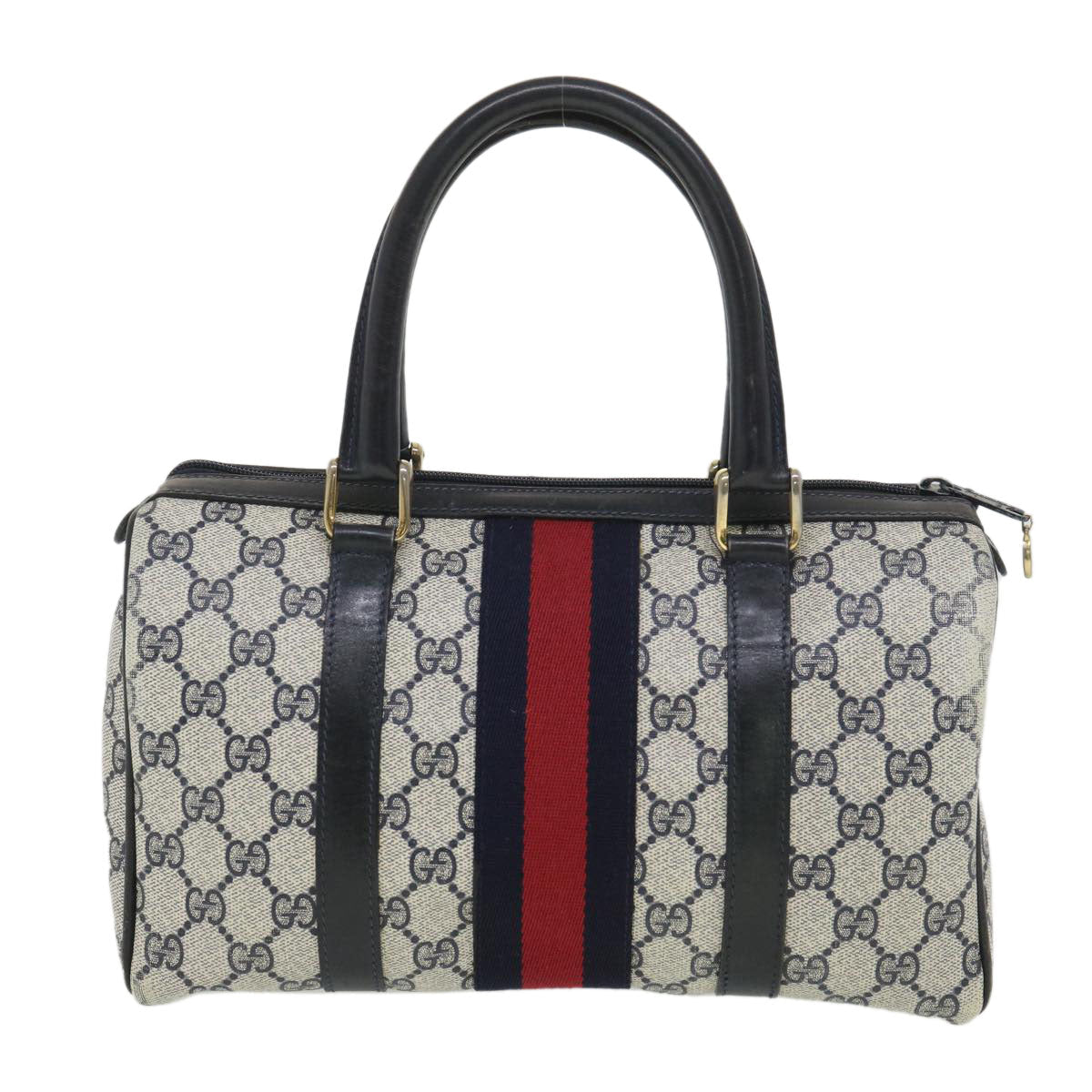 GUCCI GG Canvas Sherry Line Hand Bag PVC Leather Gray Red Navy am3714