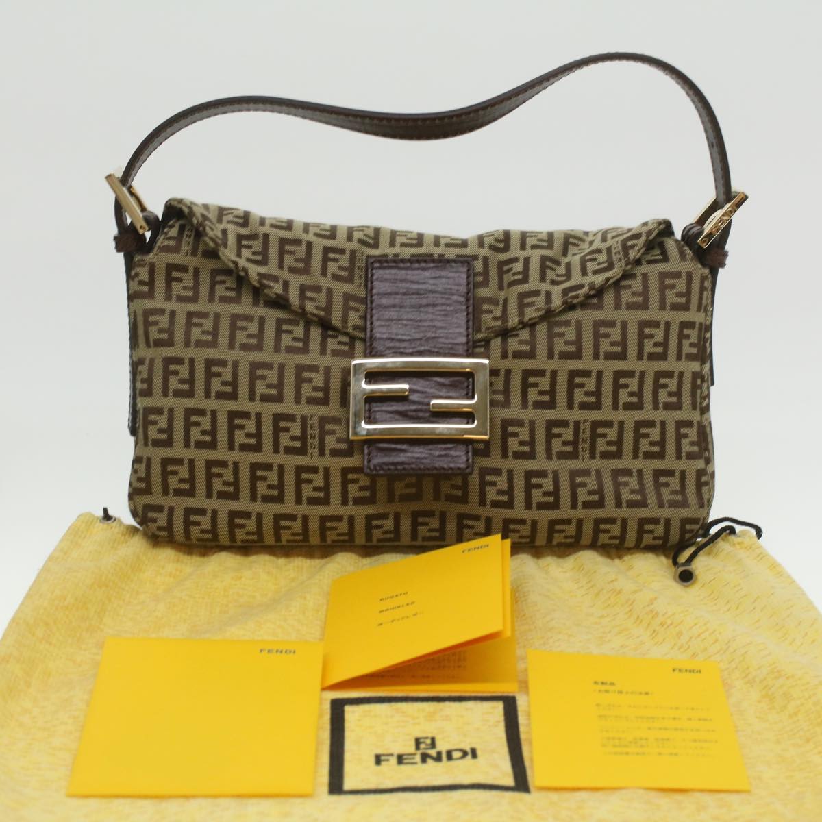 FENDI Zucca Canvas Mamma Baguette Shoulder Bag Nylon Brown Black am3973
