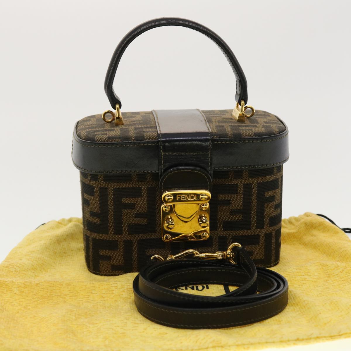 FENDI Zucca Canvas Hand Bag Nylon 2way Brown Black am4252