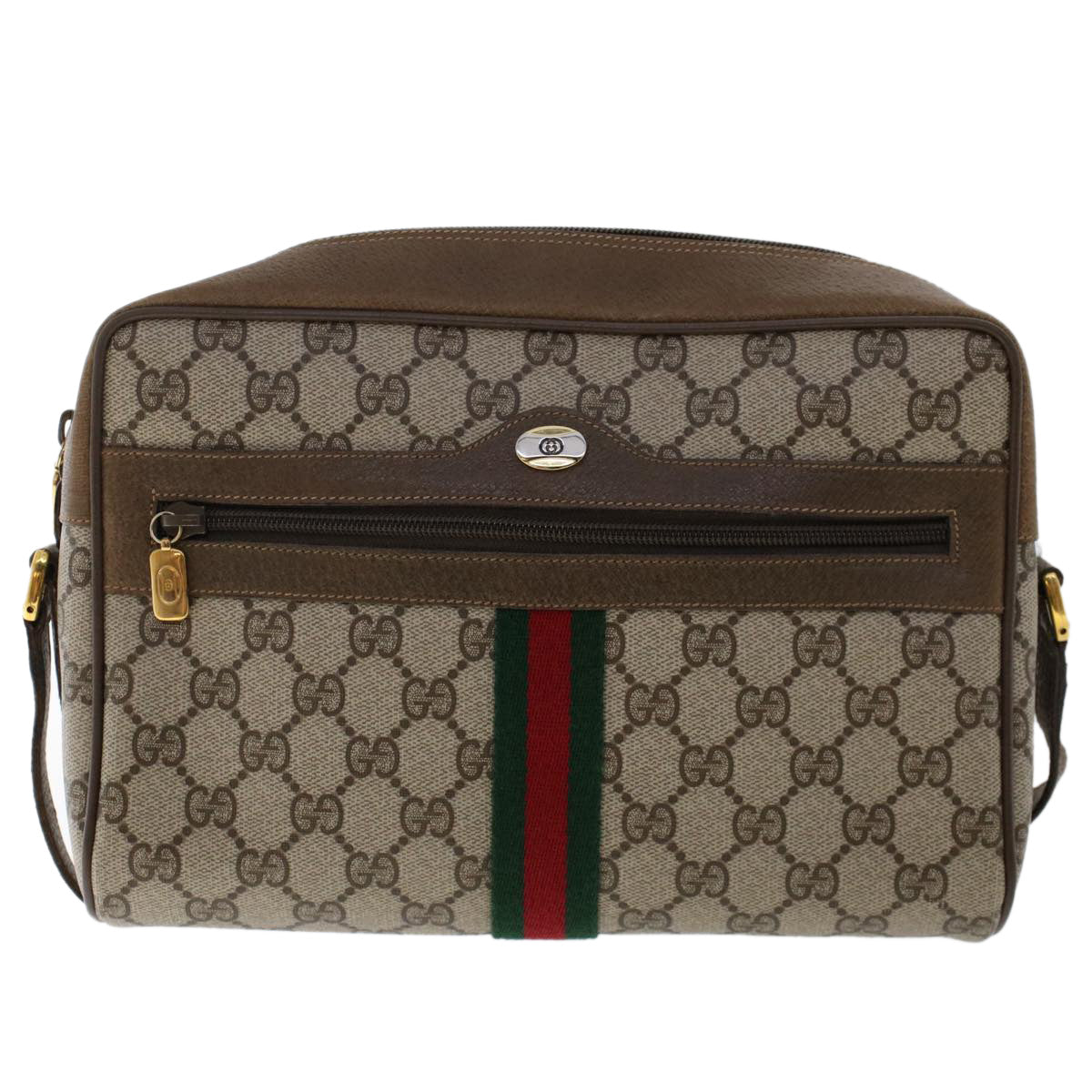 GUCCI GG Canvas Web Sherry Line Shoulder Bag PVC Leather Beige Red am4836