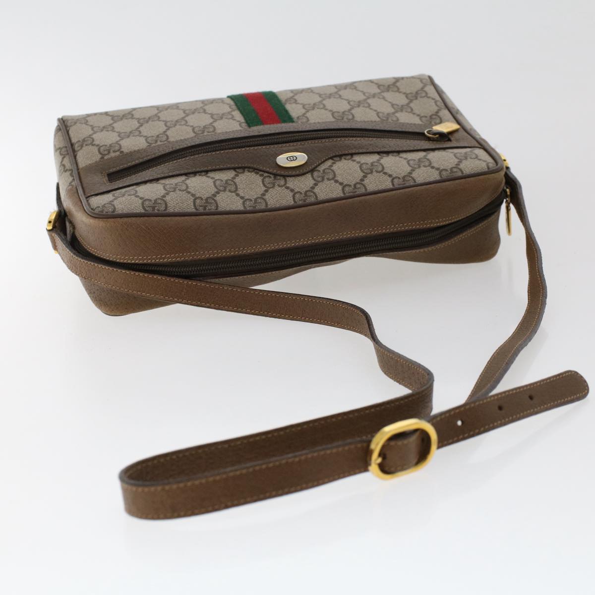 GUCCI GG Canvas Web Sherry Line Shoulder Bag PVC Leather Beige Red am4836