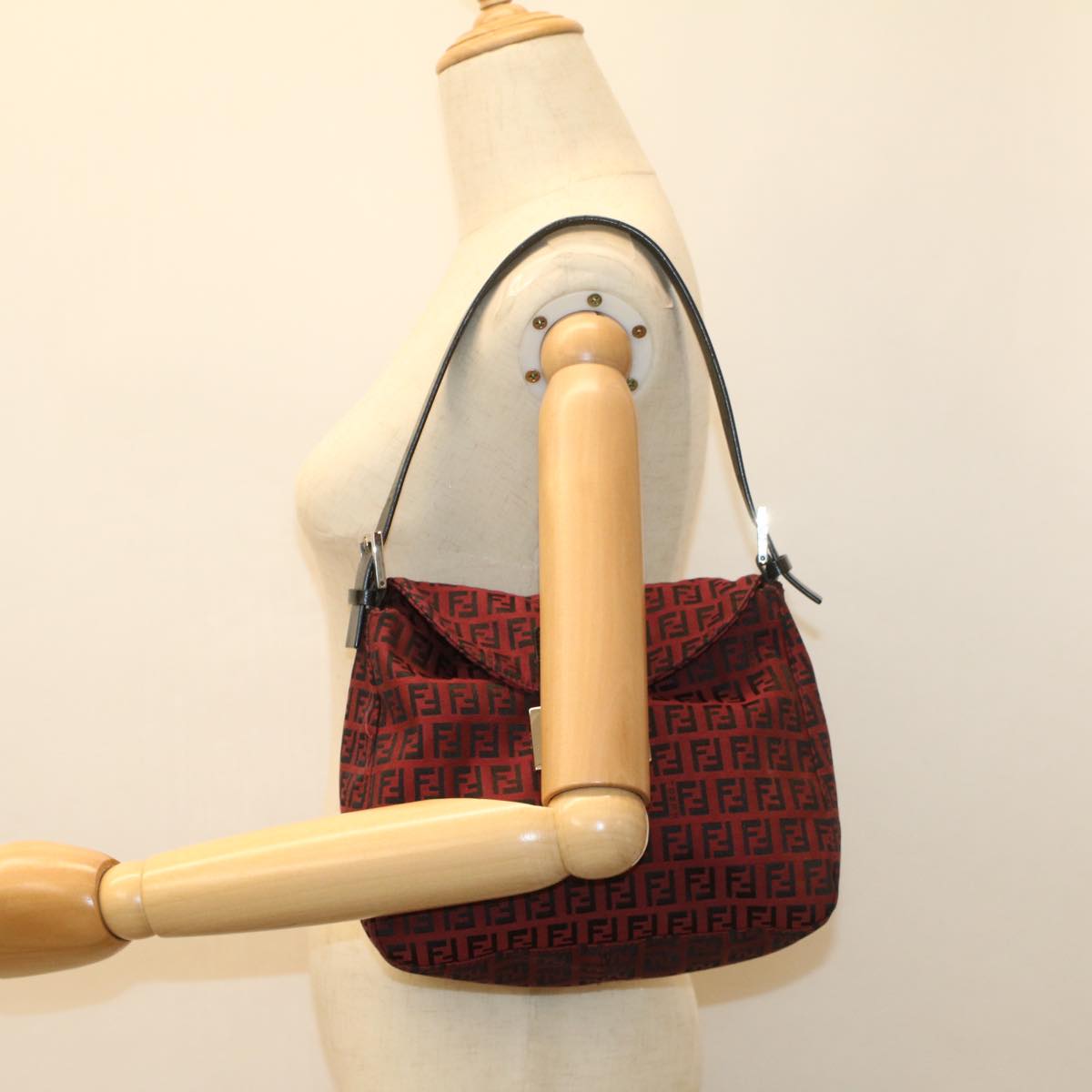 FENDI Zucchino Canvas Mamma Baguette Shoulder Bag Red am5029