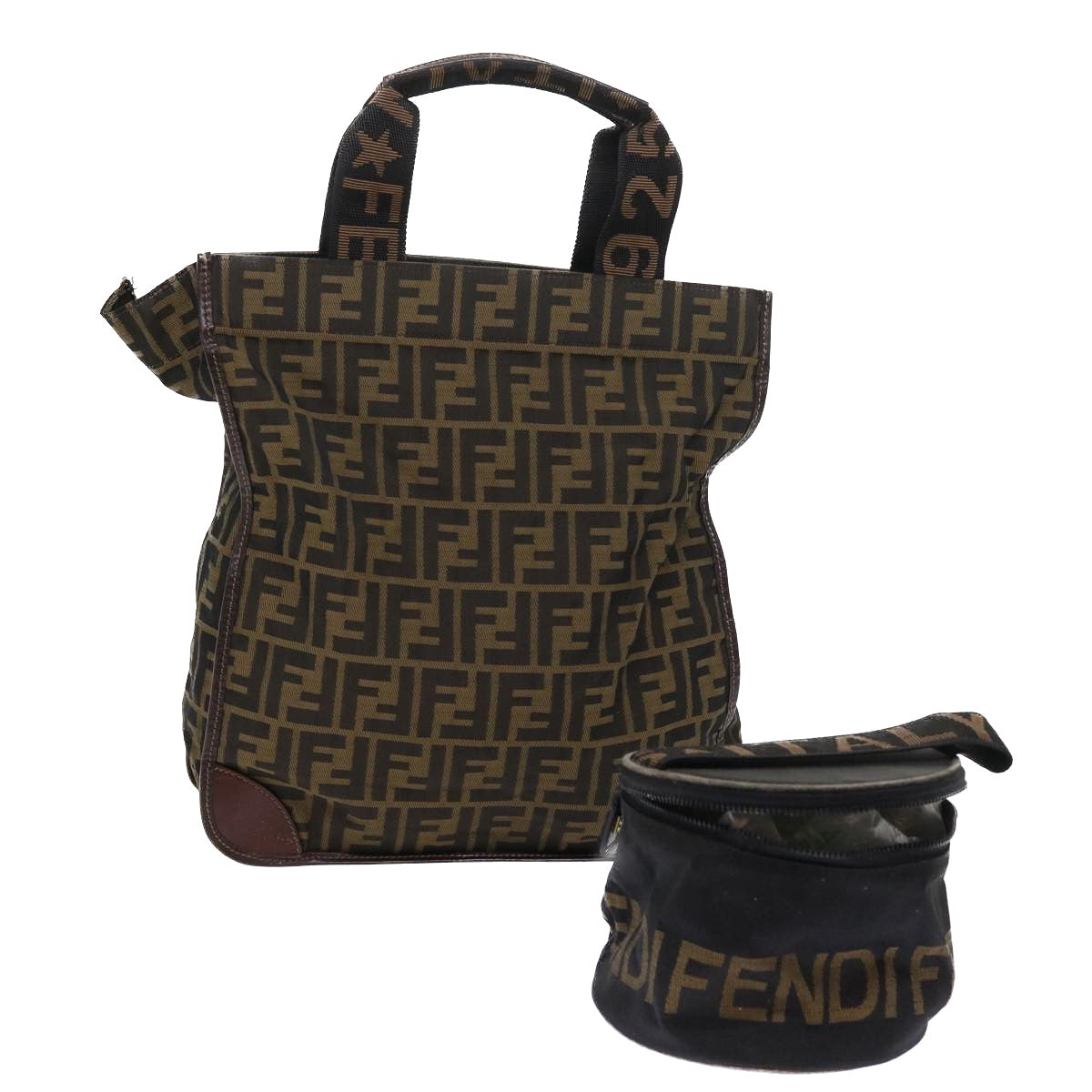 FENDI Zucca Canvas Hand Bag Nylon 2Set Brown Black am5047