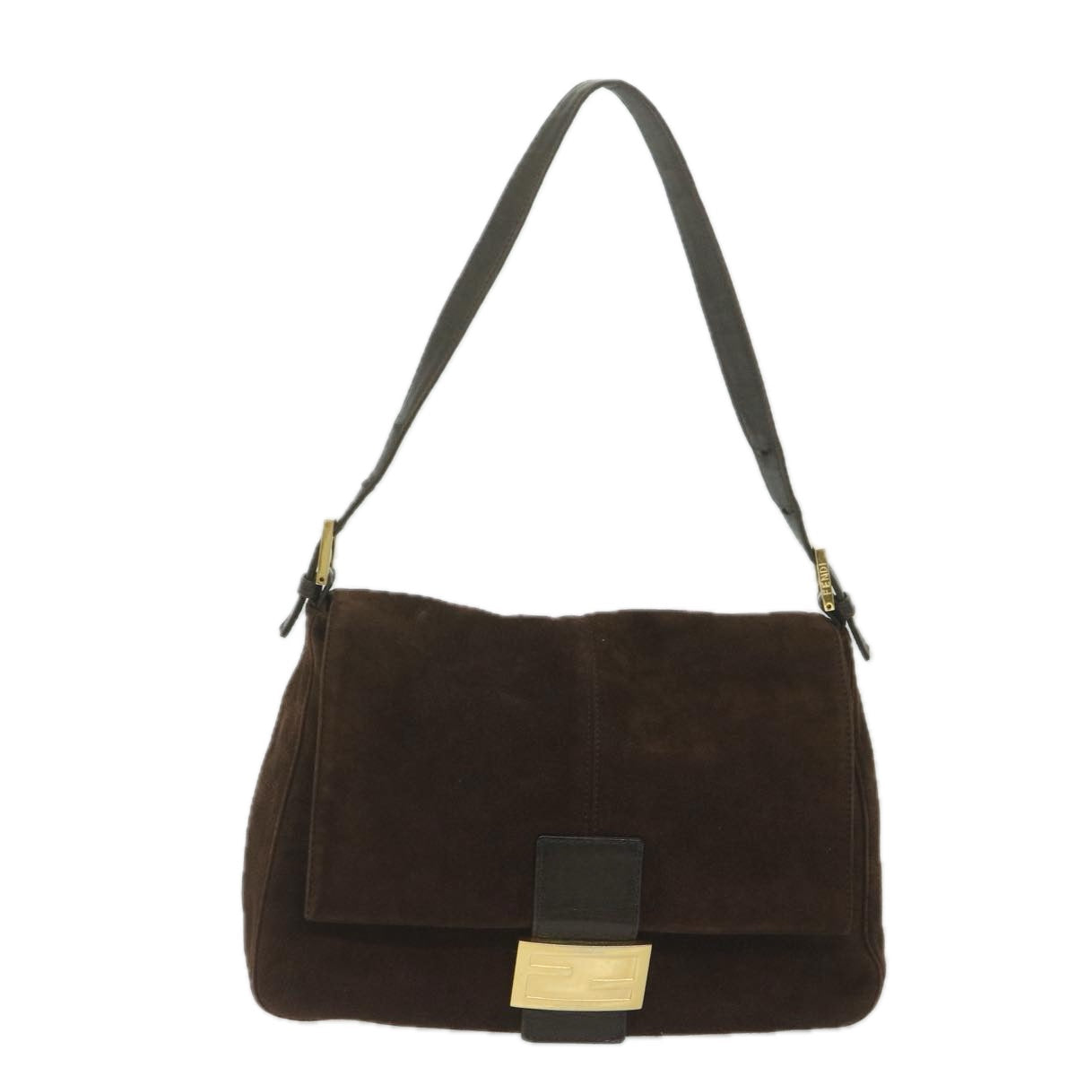 FENDI Mamma Baguette Shoulder Bag Suede Brown am5342