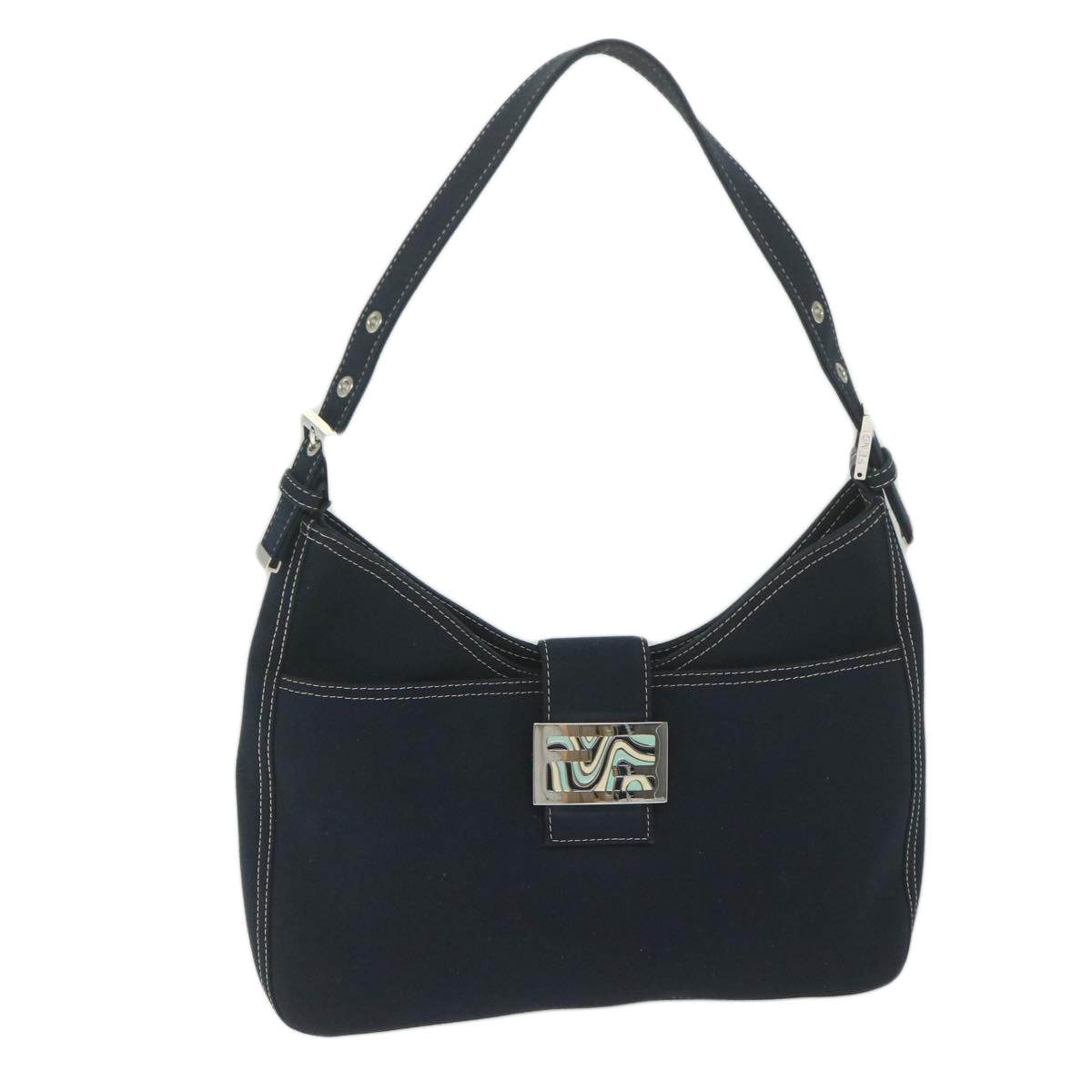 FENDI Mamma Baguette Shoulder Bag Canvas Navy am5373