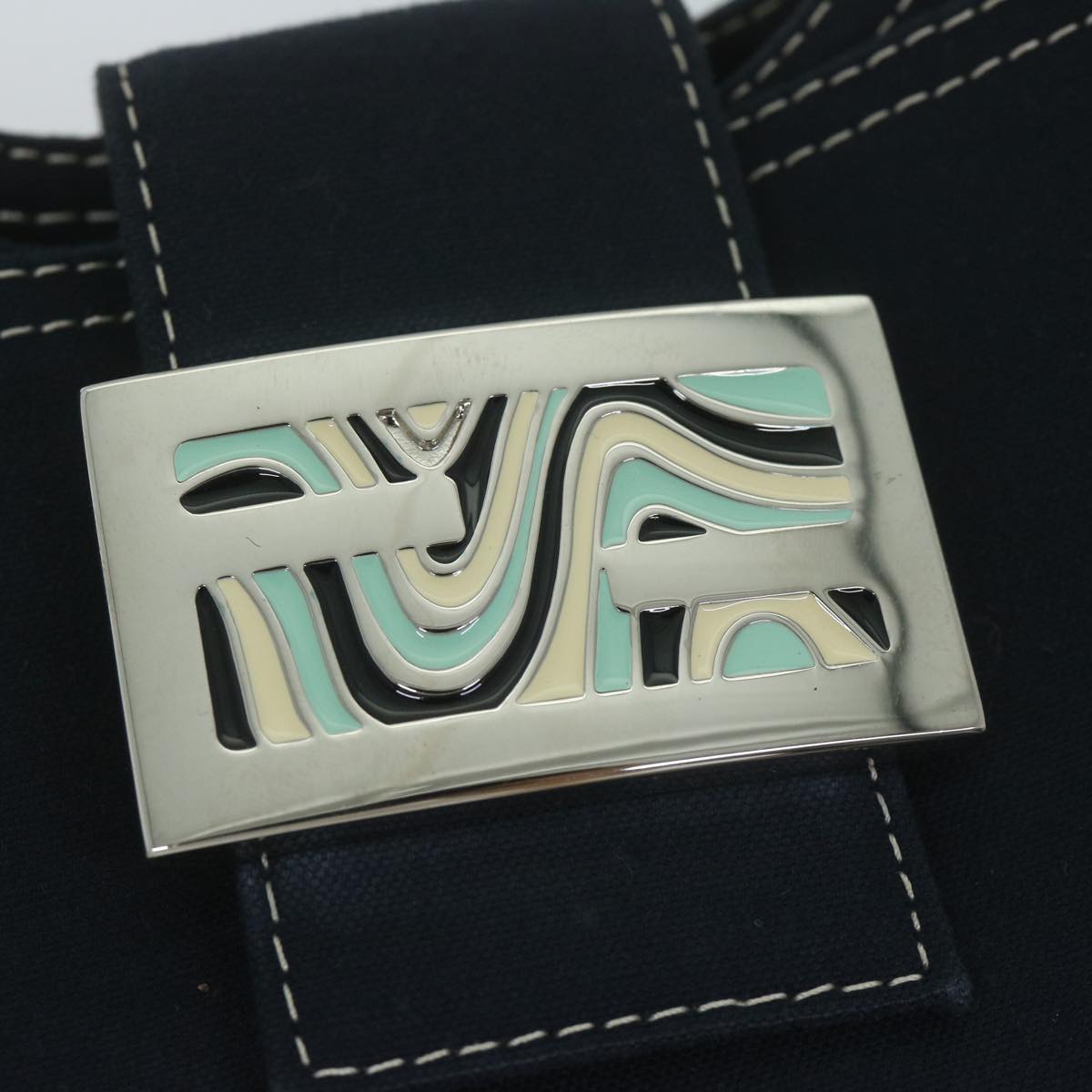 FENDI Mamma Baguette Shoulder Bag Canvas Navy am5373