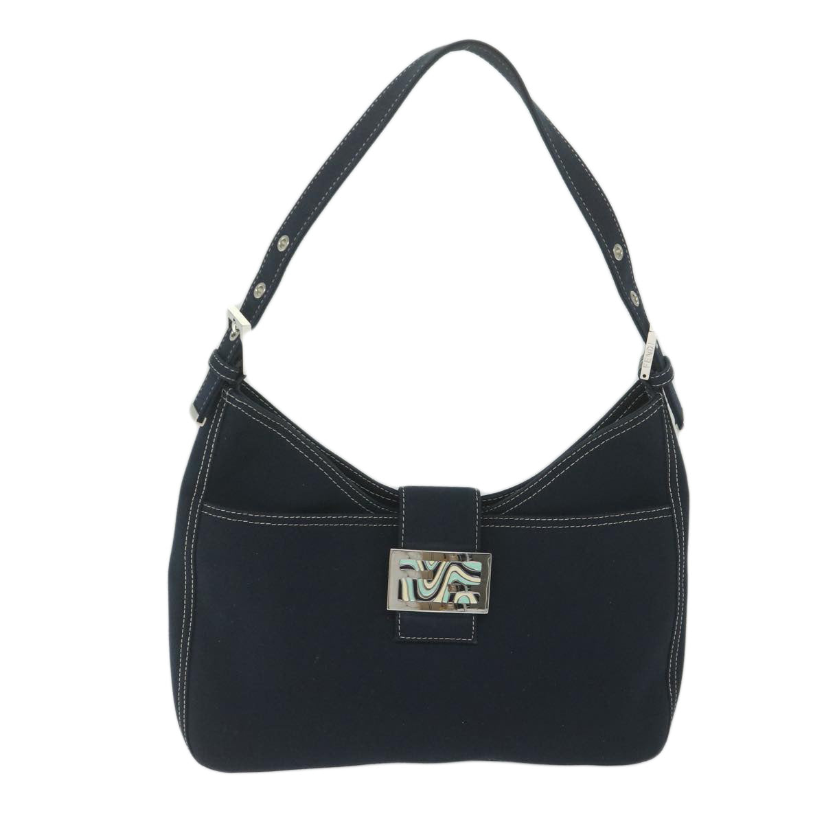 FENDI Mamma Baguette Shoulder Bag Canvas Navy am5373