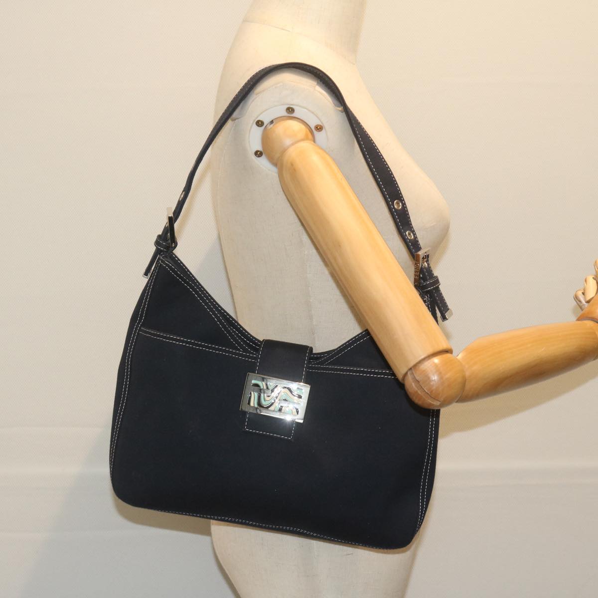 FENDI Mamma Baguette Shoulder Bag Canvas Navy am5373