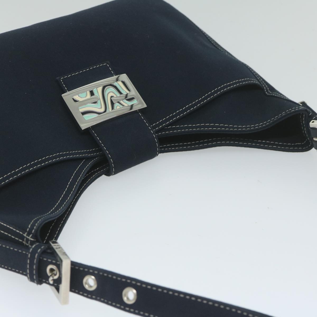 FENDI Mamma Baguette Shoulder Bag Canvas Navy am5373