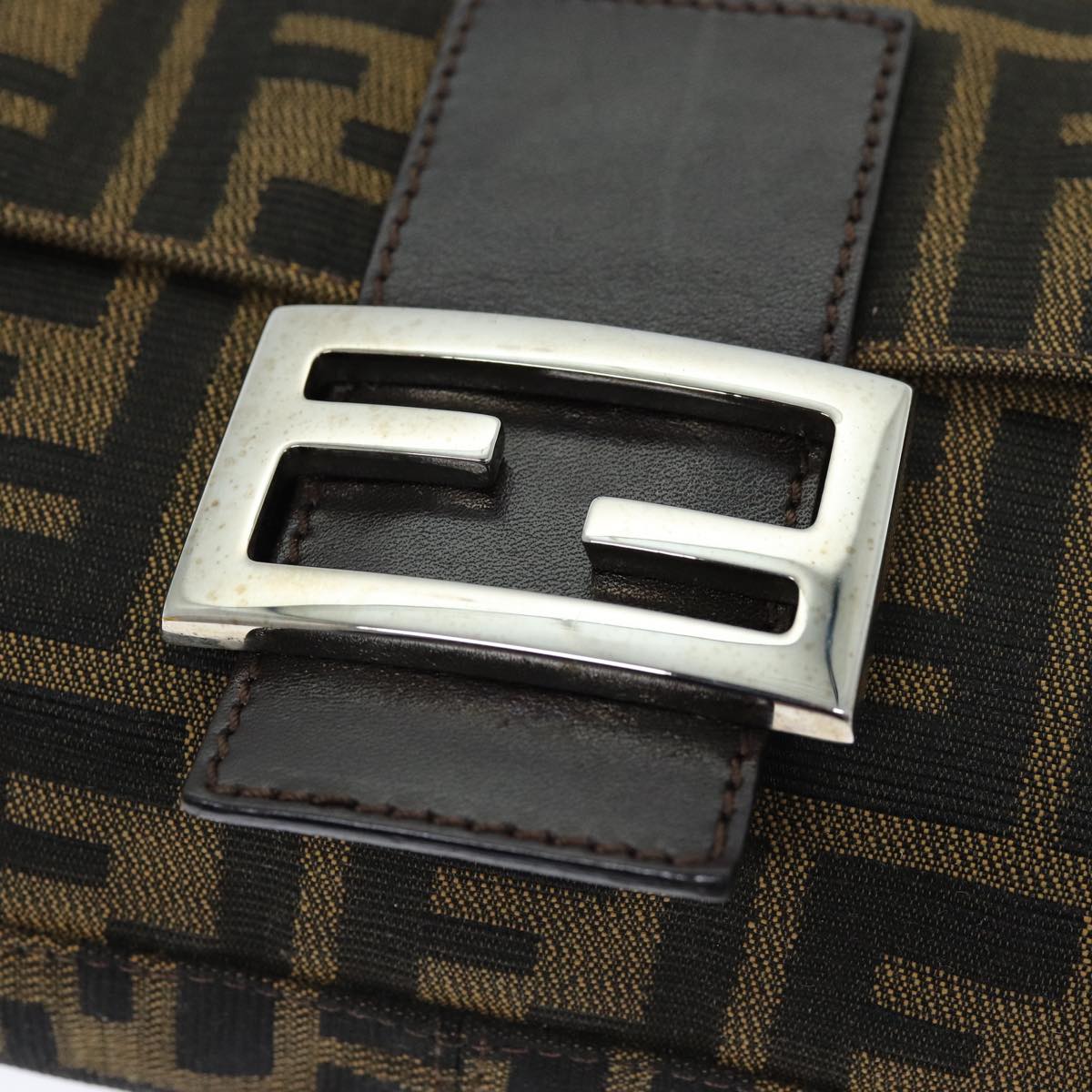 FENDI Zucchino Canvas Mamma Baguette Shoulder Bag Black Brown am6286A