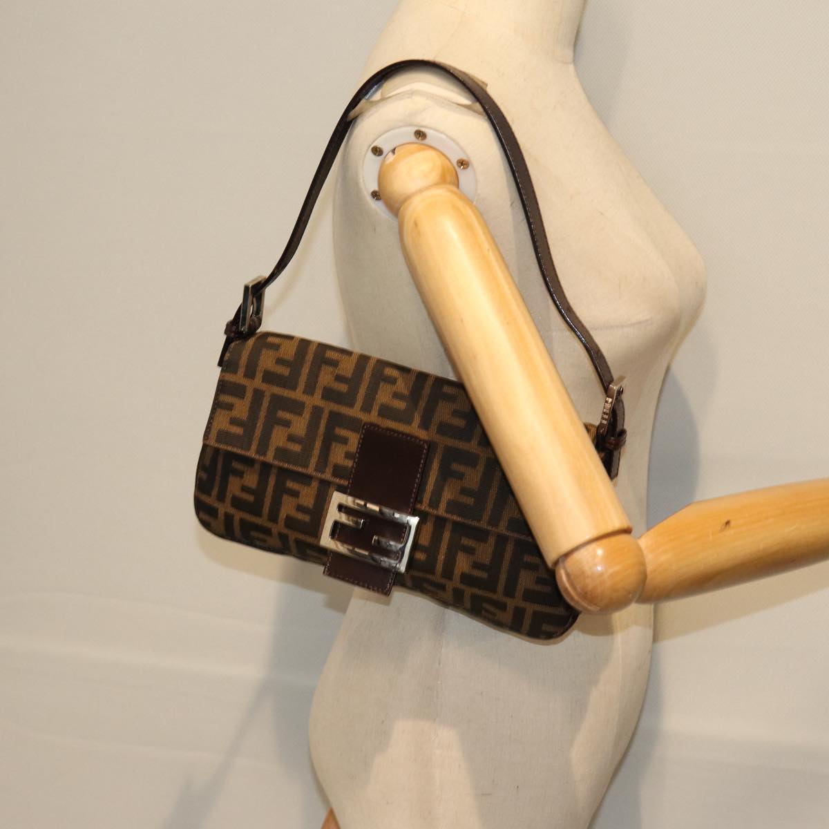 FENDI Zucchino Canvas Mamma Baguette Shoulder Bag Black Brown am6286A