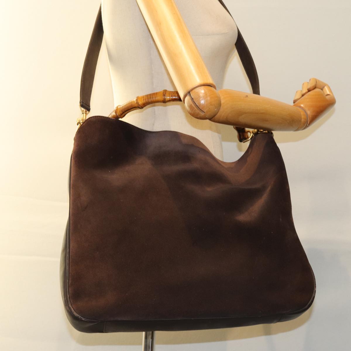 GUCCI Bamboo Hand Bag Suede 2way Brown 001 3444 1577 am6304
