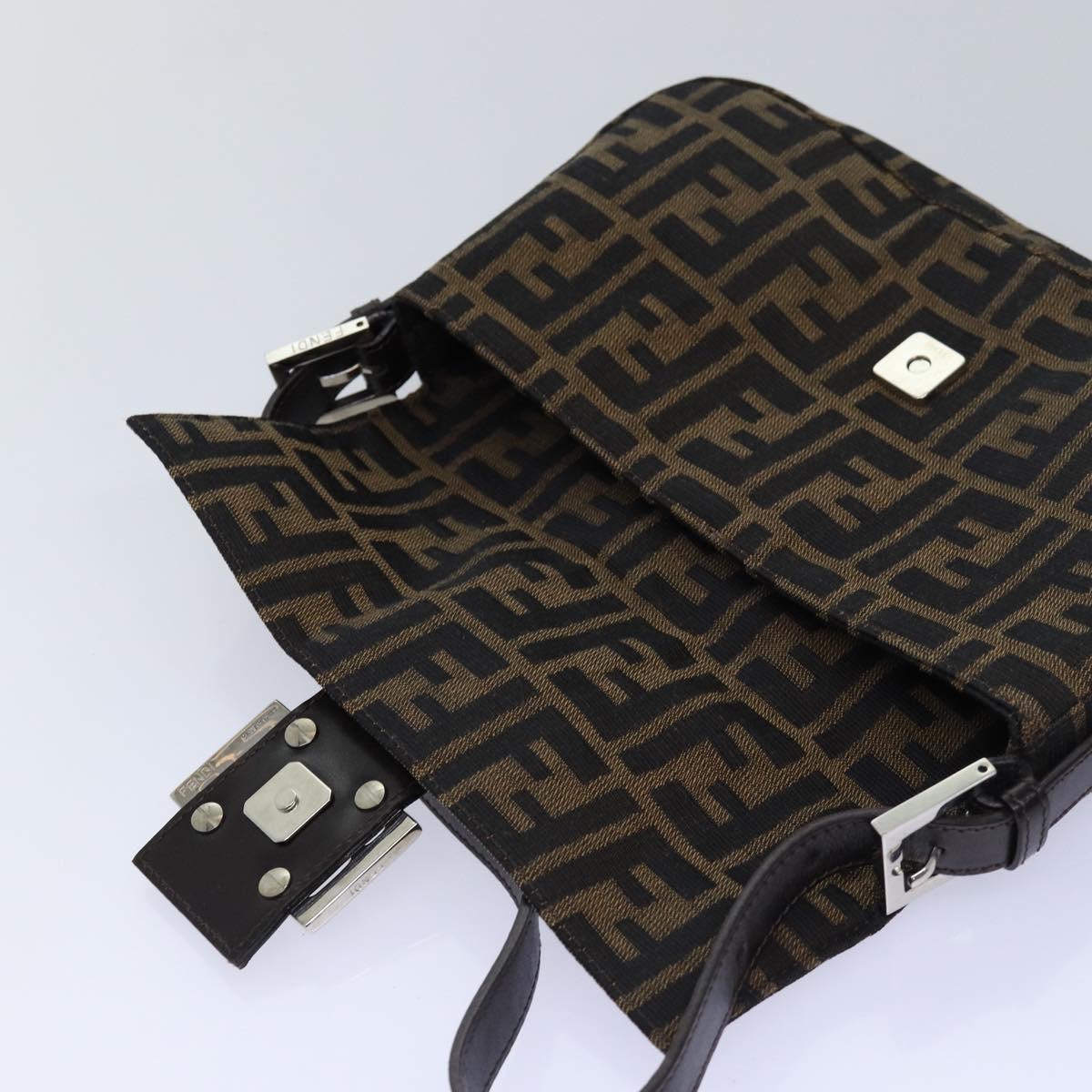 FENDI Zucca Canvas Mamma Baguette Shoulder Bag Black Brown am6402A
