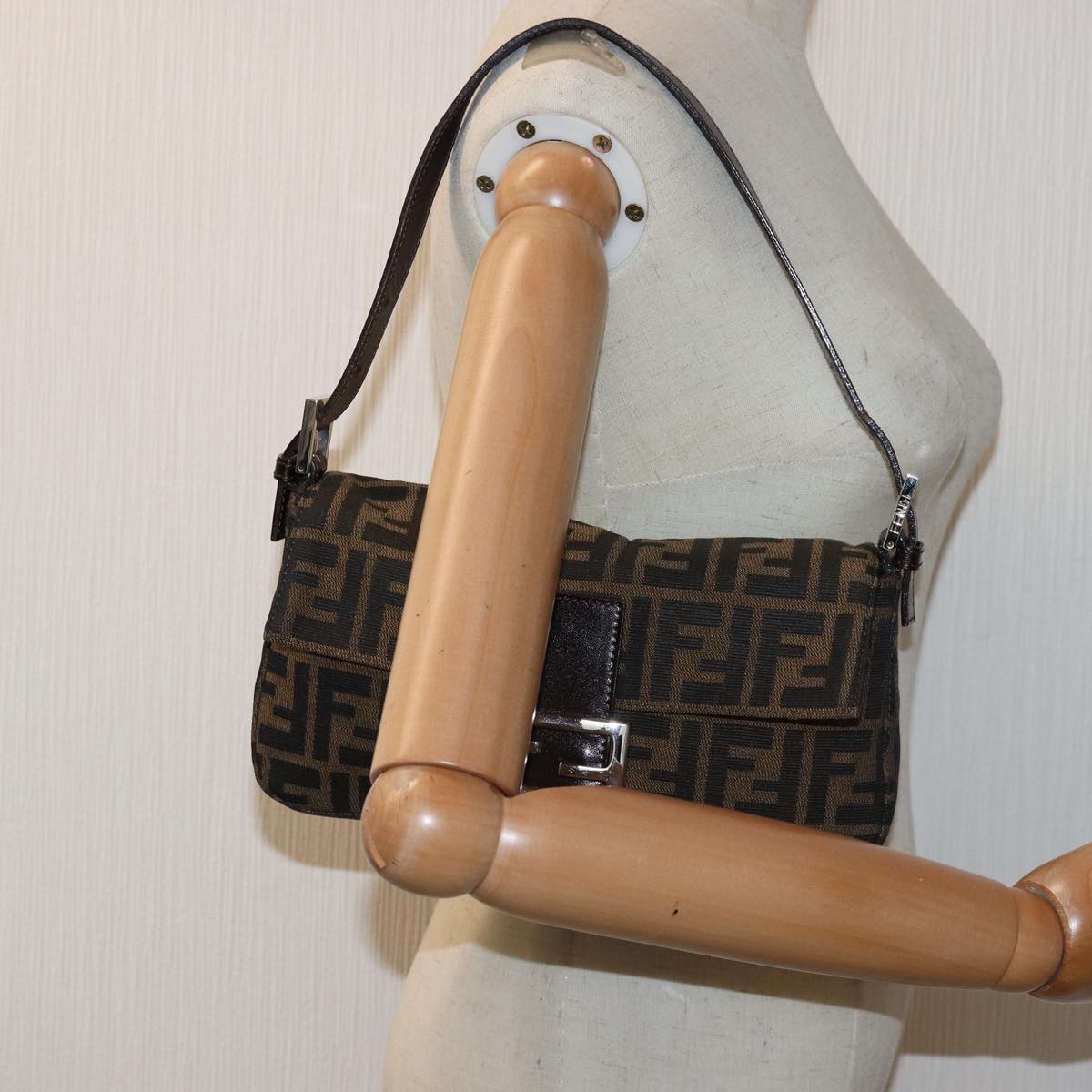 FENDI Zucca Canvas Mamma Baguette Shoulder Bag Black Brown am6402A
