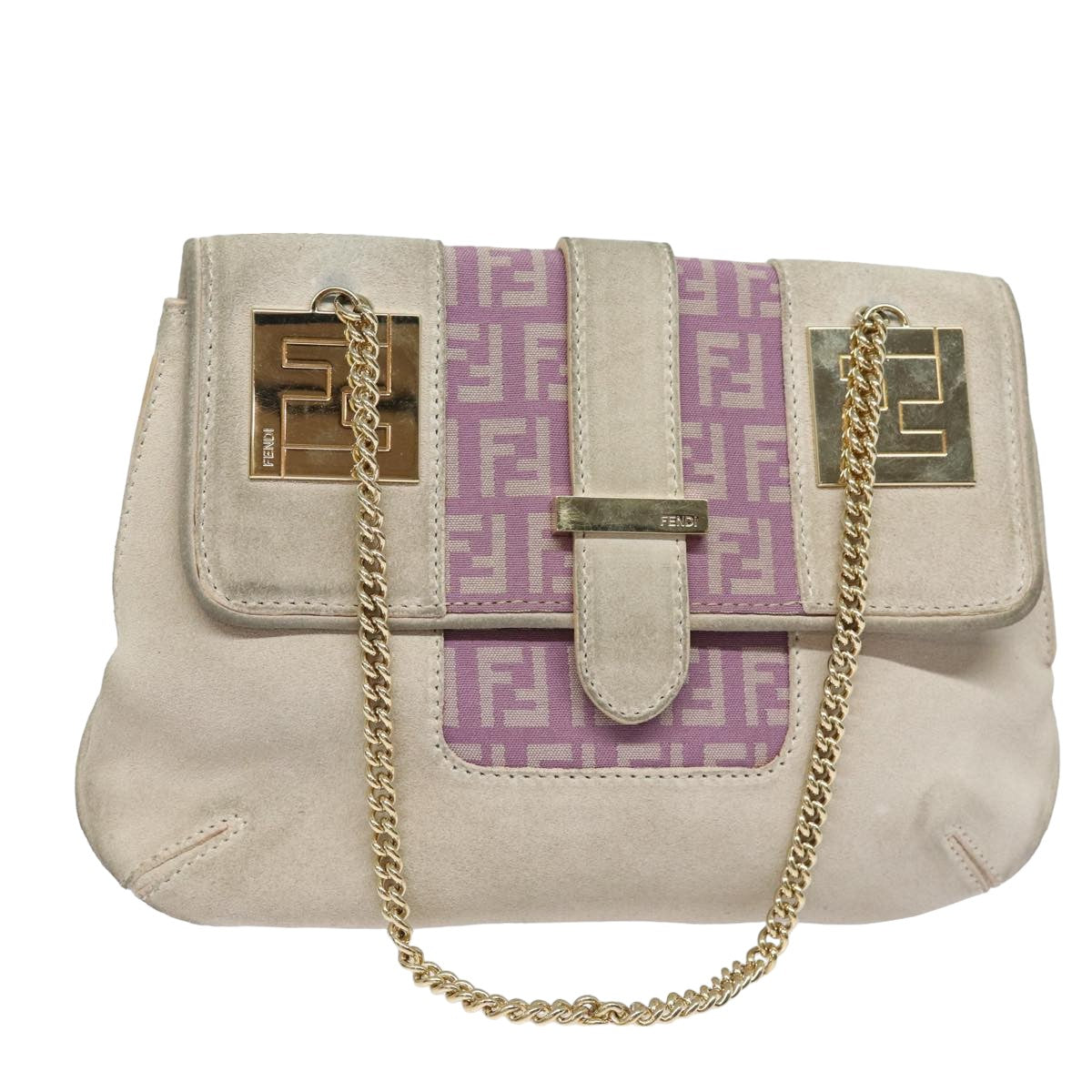 FENDI Zucchino Canvas Chain Hand Bag Suede Purple am6453