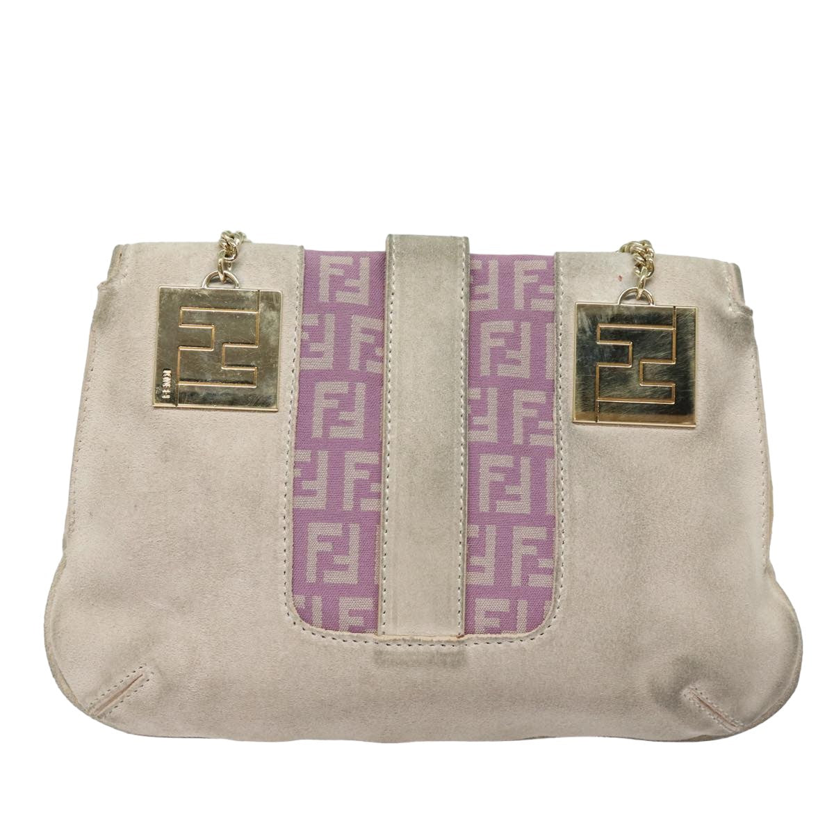 FENDI Zucchino Canvas Chain Hand Bag Suede Purple am6453