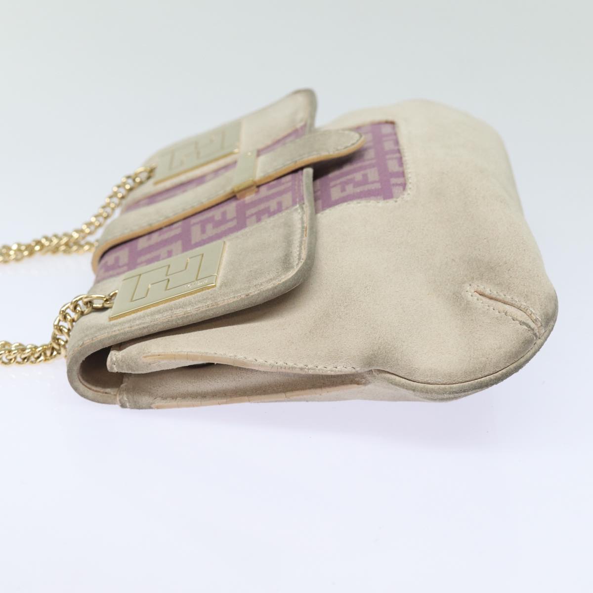 FENDI Zucchino Canvas Chain Hand Bag Suede Purple am6453