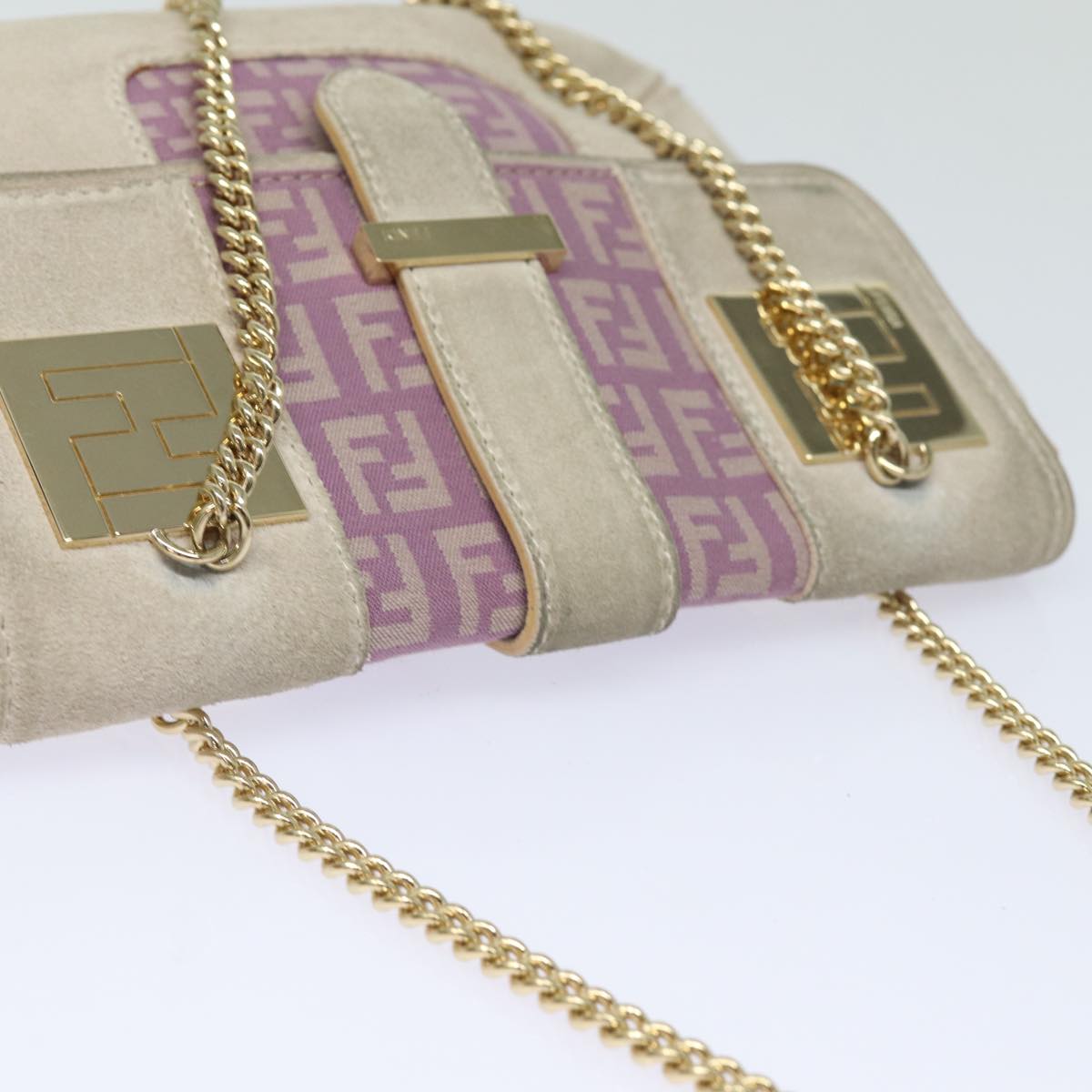 FENDI Zucchino Canvas Chain Hand Bag Suede Purple am6453
